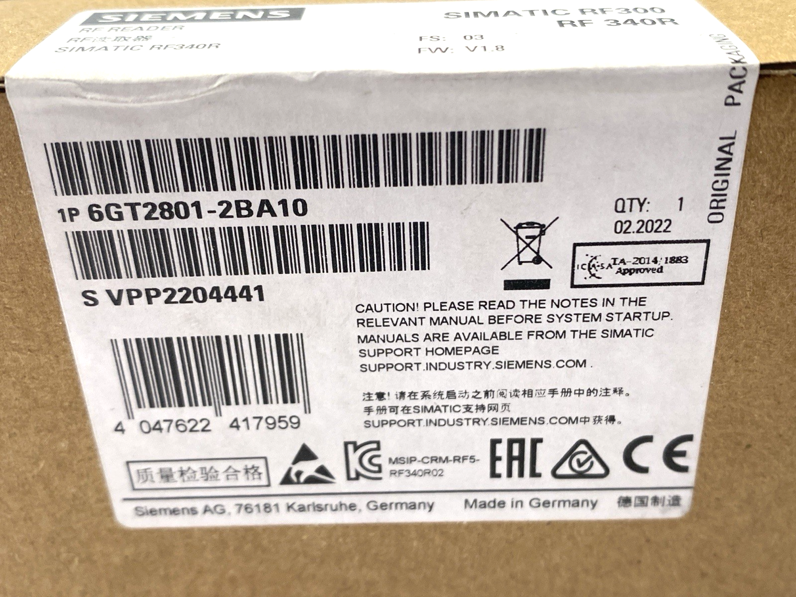 Siemens 6GT2801-2BA10 RF Reader SIMATIC RF340R 75mm x 75mm x 41mm - Maverick Industrial Sales
