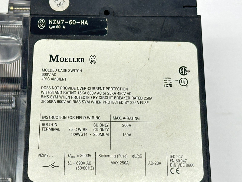 Klockner Moeller NZM7-60-NA Disconnect Switch 60A 600V 3-Pole w/ DAOV-NZM7 - Maverick Industrial Sales