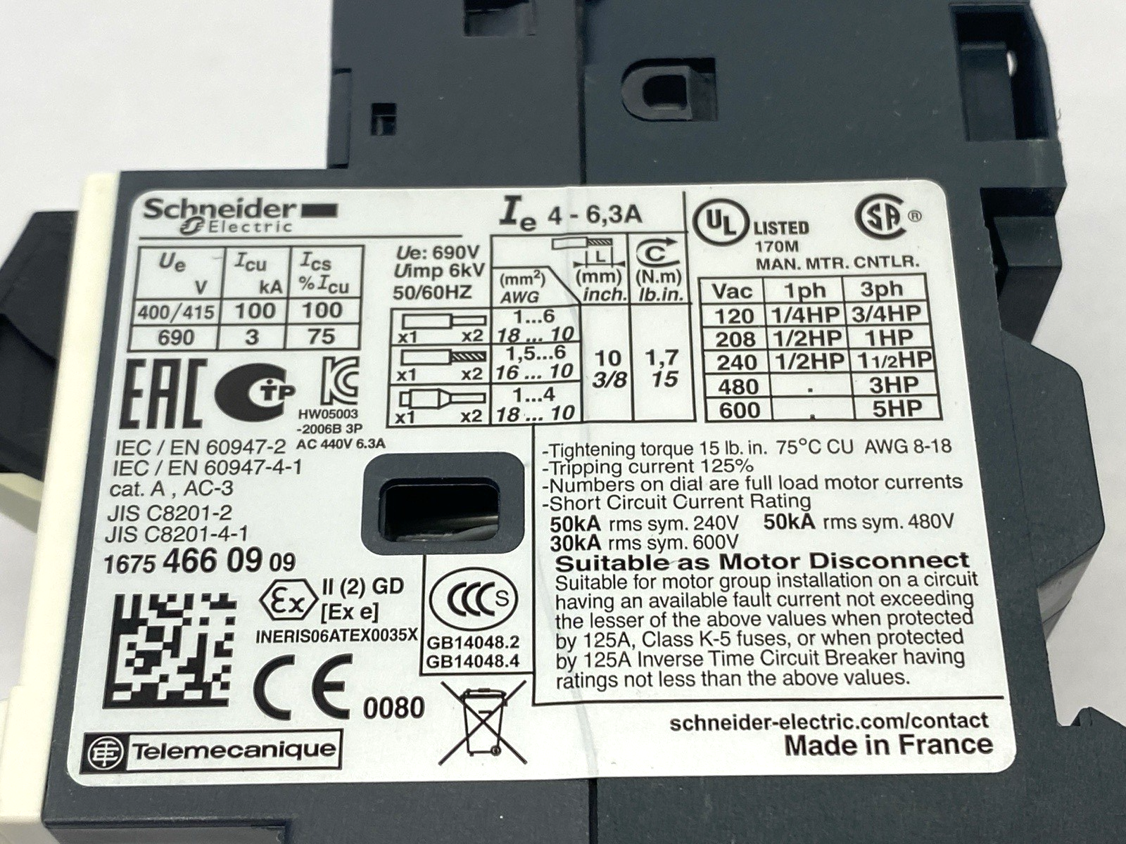 Schneider Electric GV2ME10 Manual Motor Protector Circuit Breaker 3-Pole 4-6,3A - Maverick Industrial Sales
