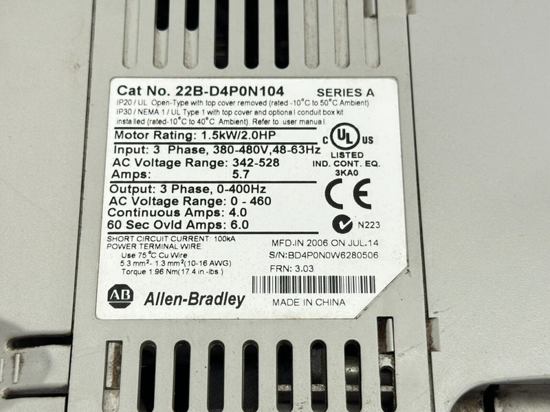 Allen Bradley 22B-D4P0N104 Ser A PowerFlex 40 AC Drive 2HP 1.5kW 3PH - Maverick Industrial Sales