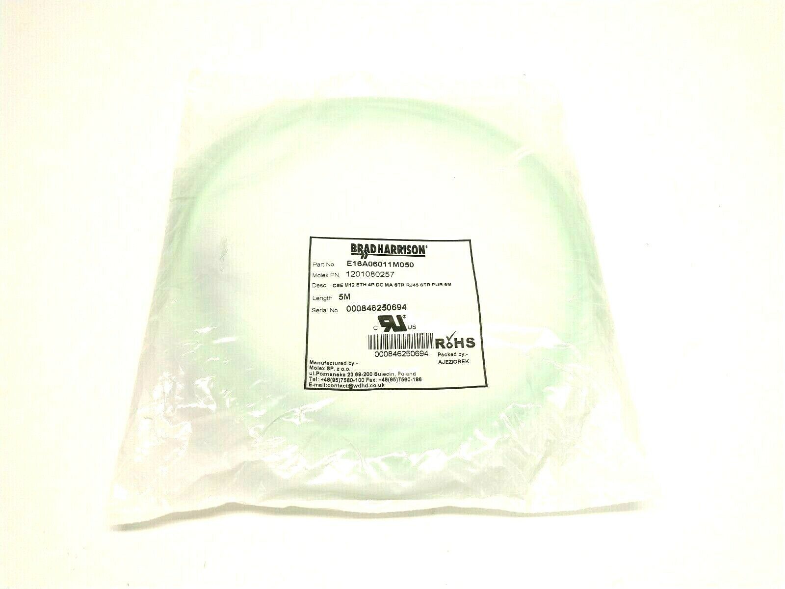 Woodhead Brad Harrison E16A06011M050 M12 To RJ-45 Crimp Lock Cable Assembly 5m - Maverick Industrial Sales
