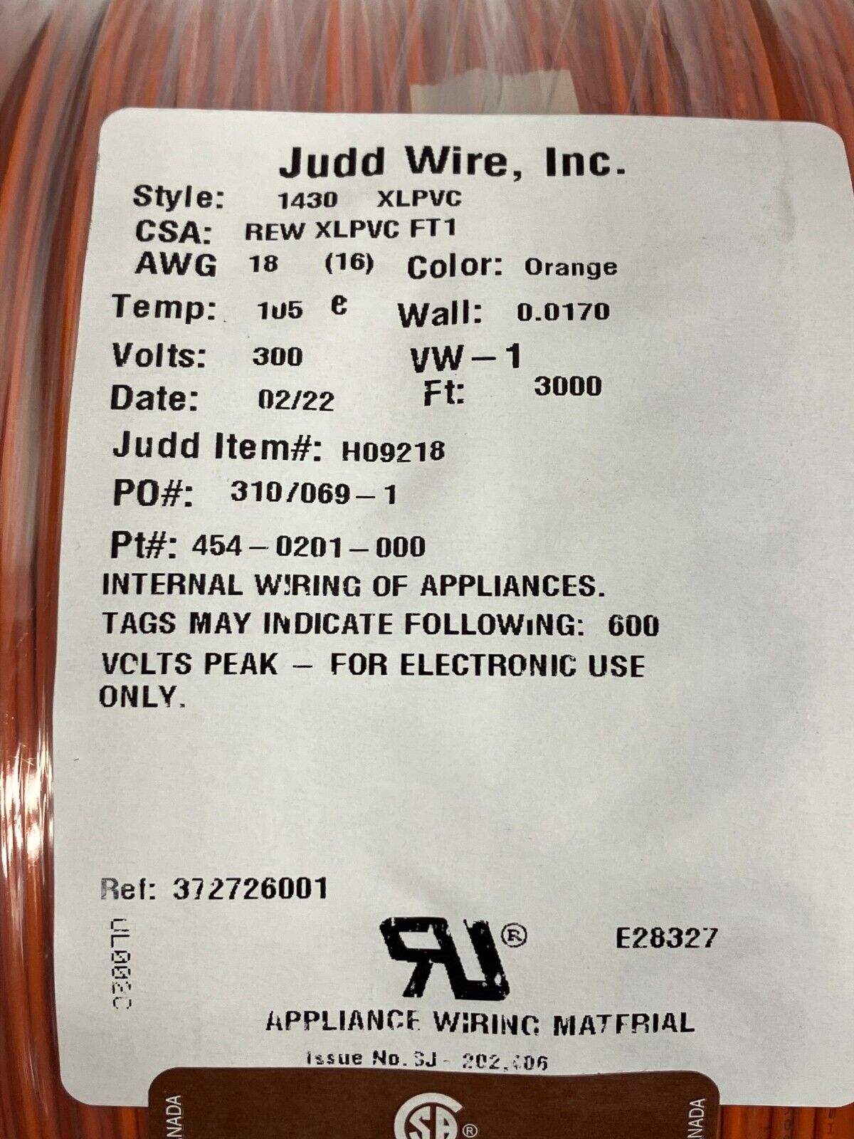 Judd Wire 18 AWG Wire, Orange, Style 1430, XLPVC 300V, 454-0201-000, 3000' FT - Maverick Industrial Sales