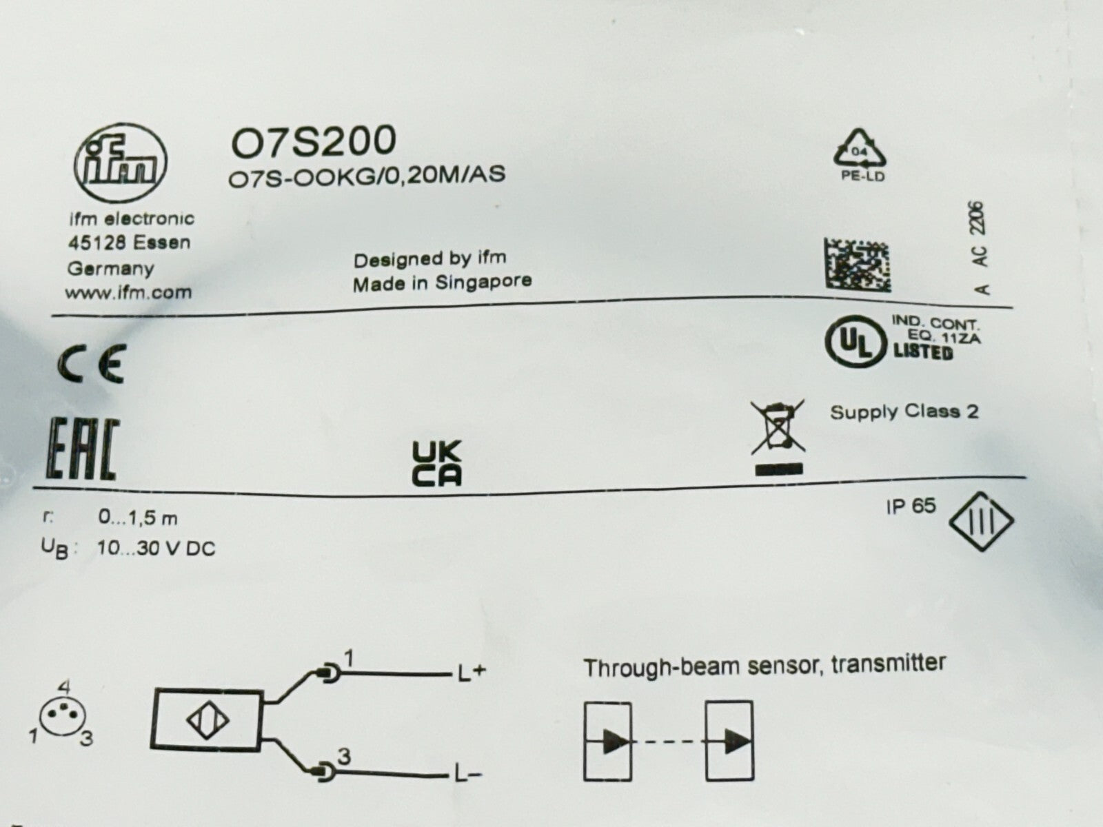 O7S200, O7S-OOKG/0,20M/AS | ifm O7S200 Through-Beam Sensor Transmitter, Red Light, O7S-OOKG/0,20M/AS - New - Maverick Industrial Sales