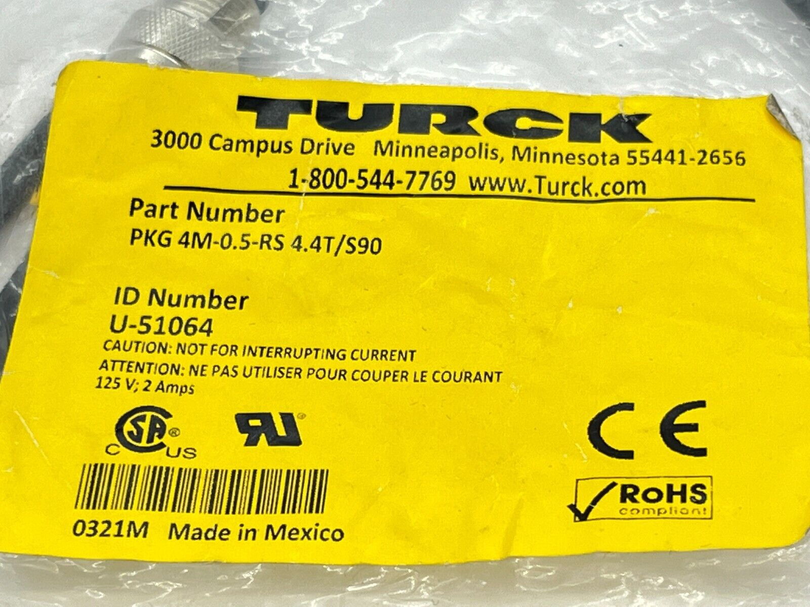 Turck PKG 4M-0.5-RS 4.4T/S90 Double Ended Cordset M8 Female M12 Male U-51064 - Maverick Industrial Sales