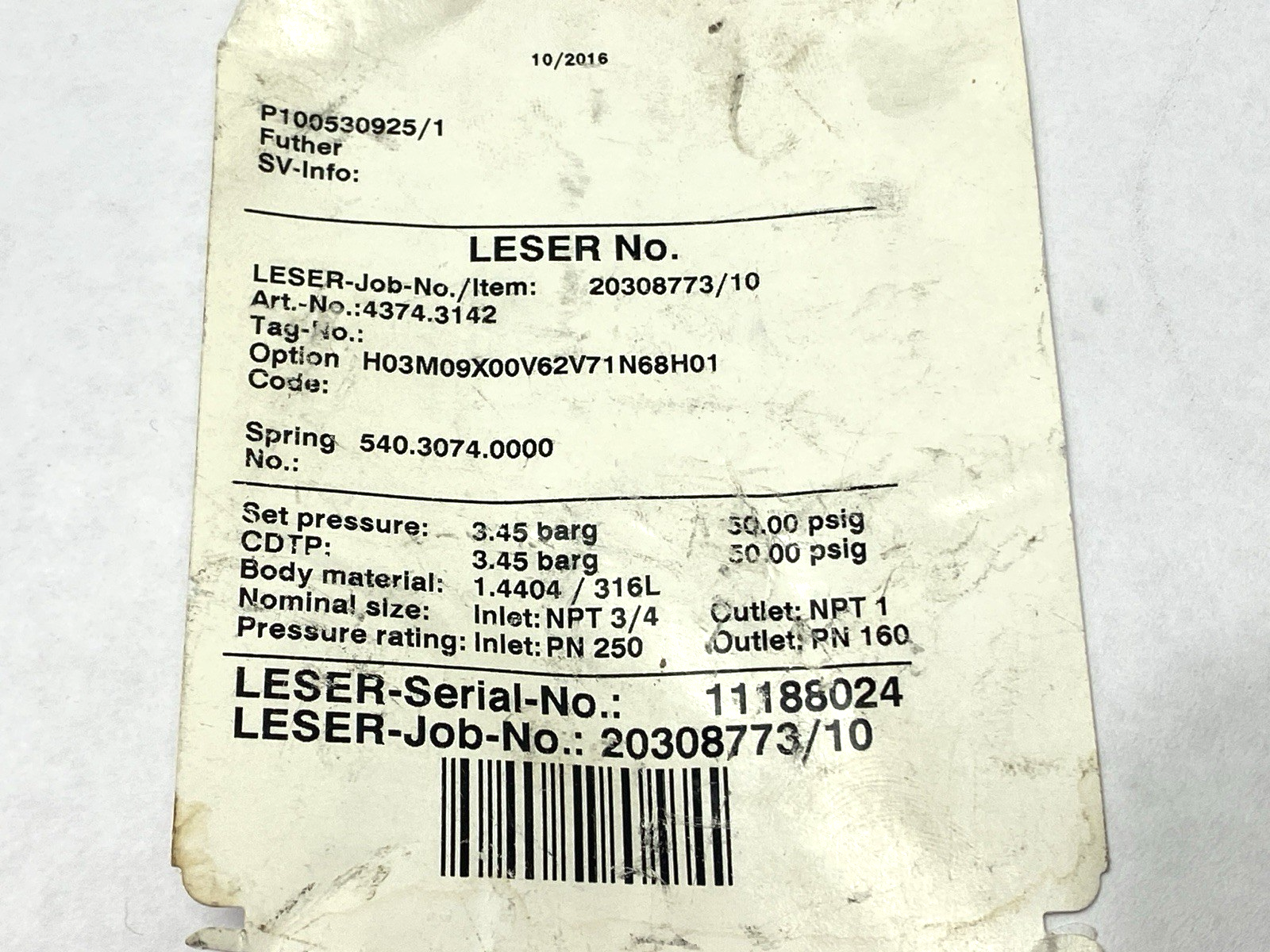 4374.3142 | Leser Safety Relief Valve 3/4" NPT Inlet 1" NPT Outlet 50psi - Used - Maverick Industrial Sales
