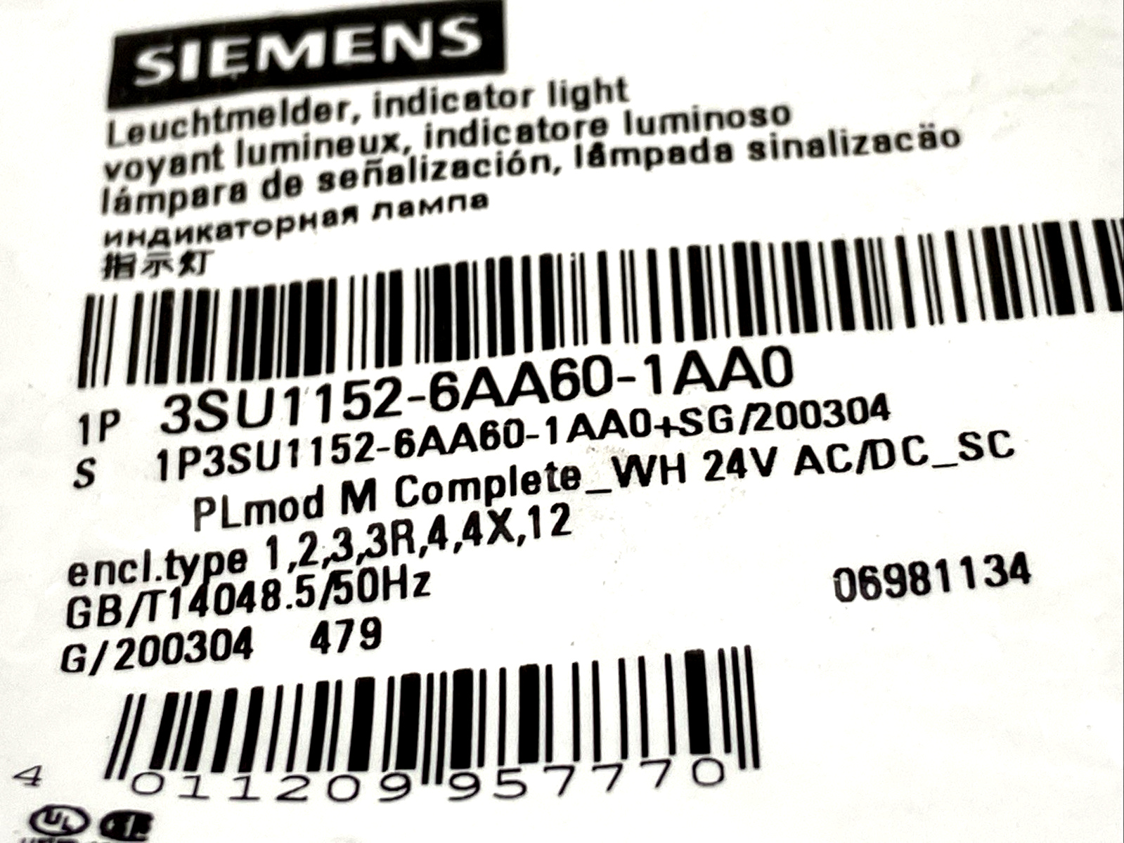Siemens 3SU1152-6AA60-1AA0 Pilot Light White 22mm 24V AC/DC - Maverick Industrial Sales