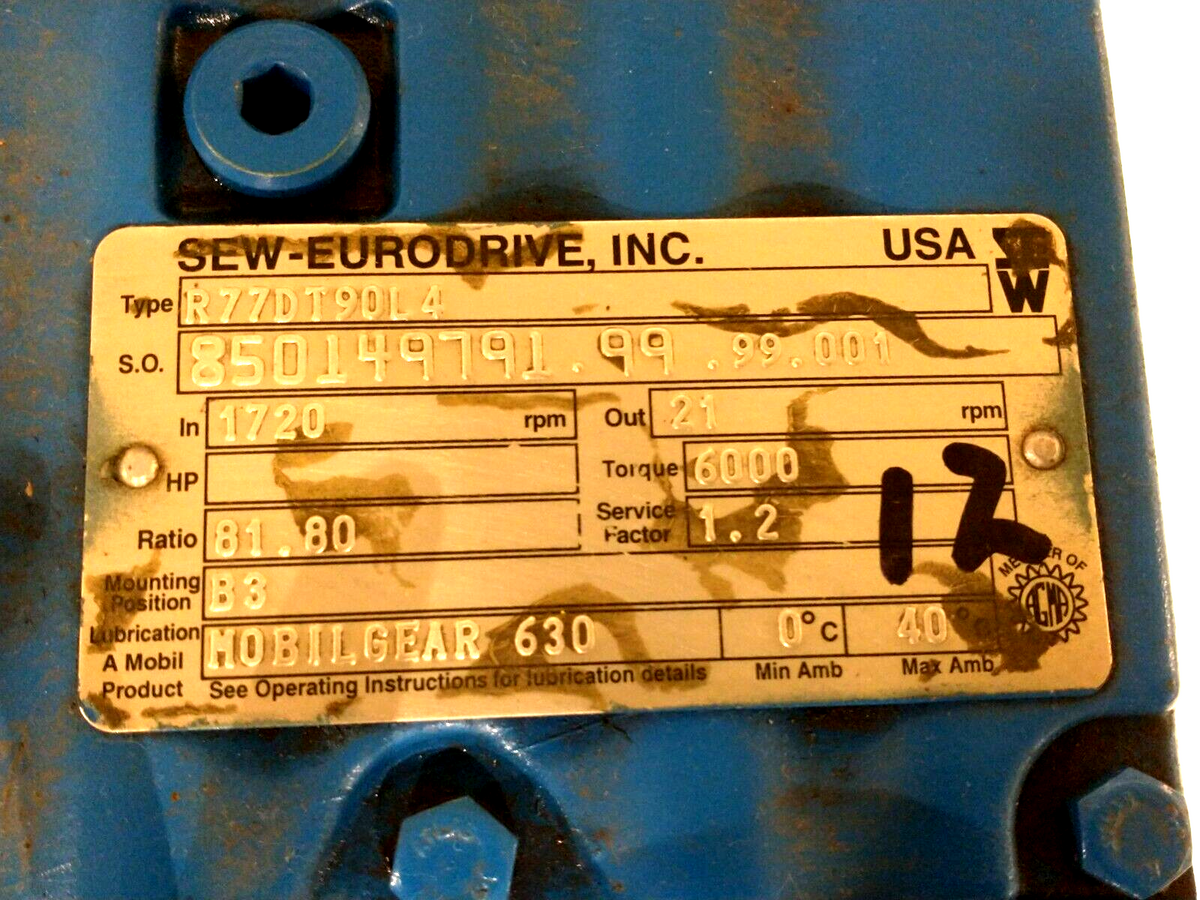DFT90L4, R77DT90L4 | SEW DFT90L4 Motor 2HP 1720RPM DT79 3PH w/ R77DT90L4 Gear Reducer 81.80 Ratio - Used - Maverick Industrial Sales