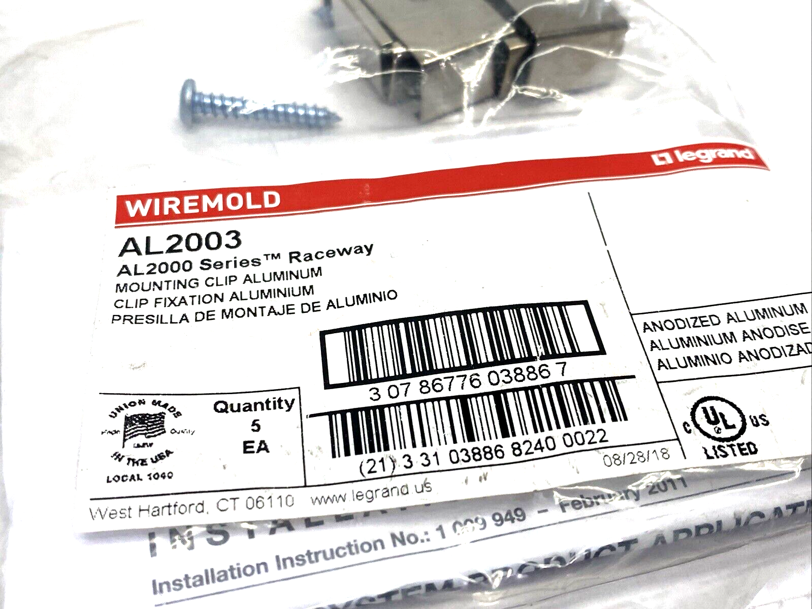 Legrand AL2003 Wiremold Spring Steel Mounting Clip PACK OF 5 - Maverick Industrial Sales