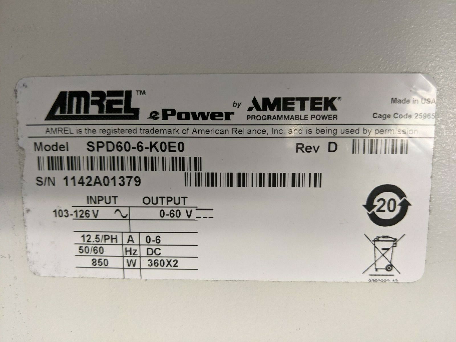 Ametek Amrel SPD60-6-K0E0 Rev D ePower Programmable DC Power Supply 60V 6A - Maverick Industrial Sales