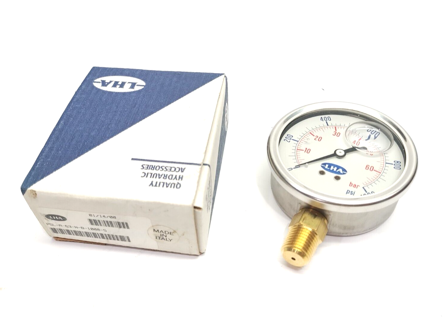 LHA PGL-A-63-N-B-1000-S In-Line Pressure Gauge 2-1/2" Dia, 0-1000PSI, 1/4" NPT - Maverick Industrial Sales