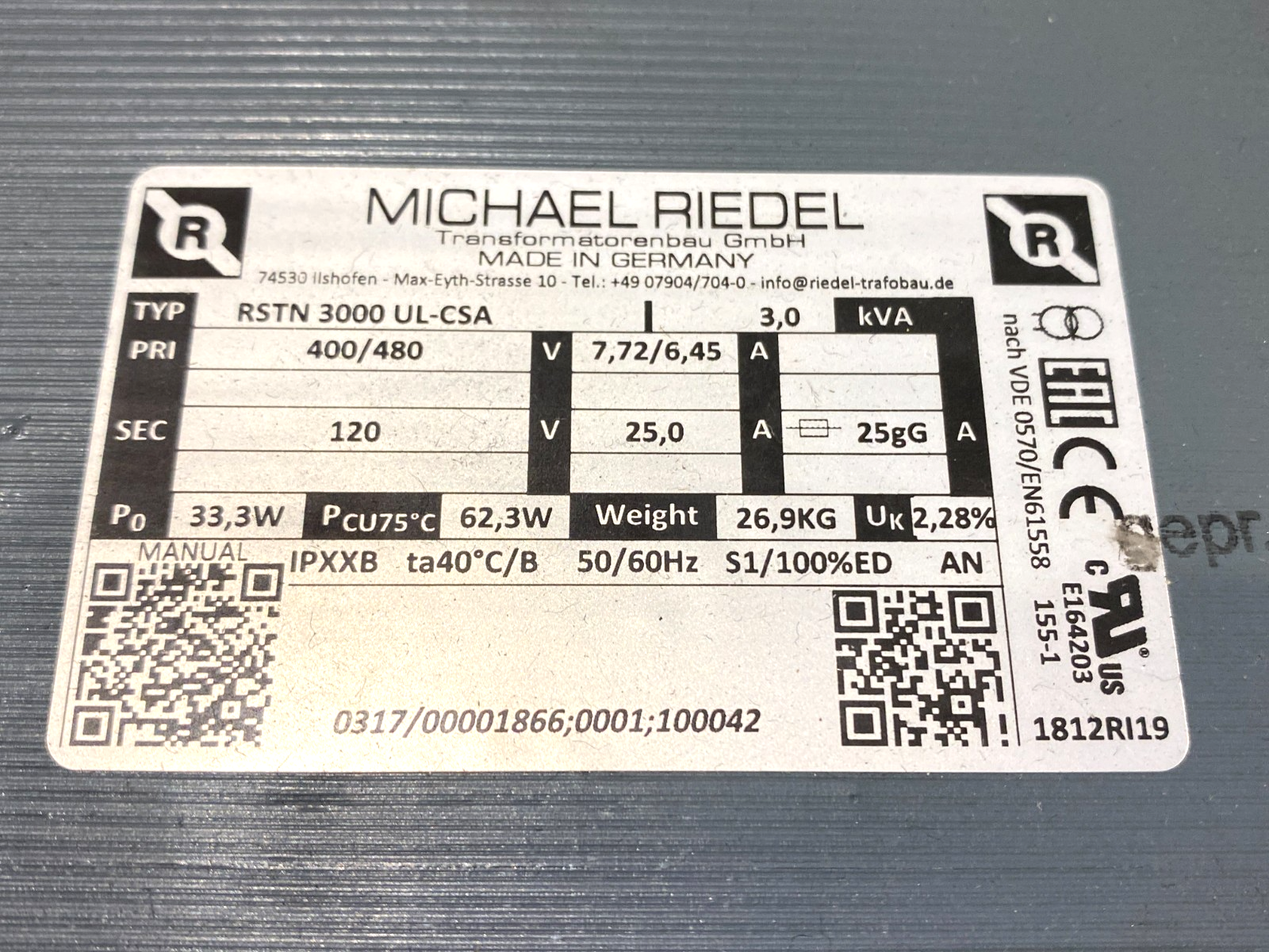 Michael Riedel RSTN 3000 UL-CSA Transformer - Maverick Industrial Sales