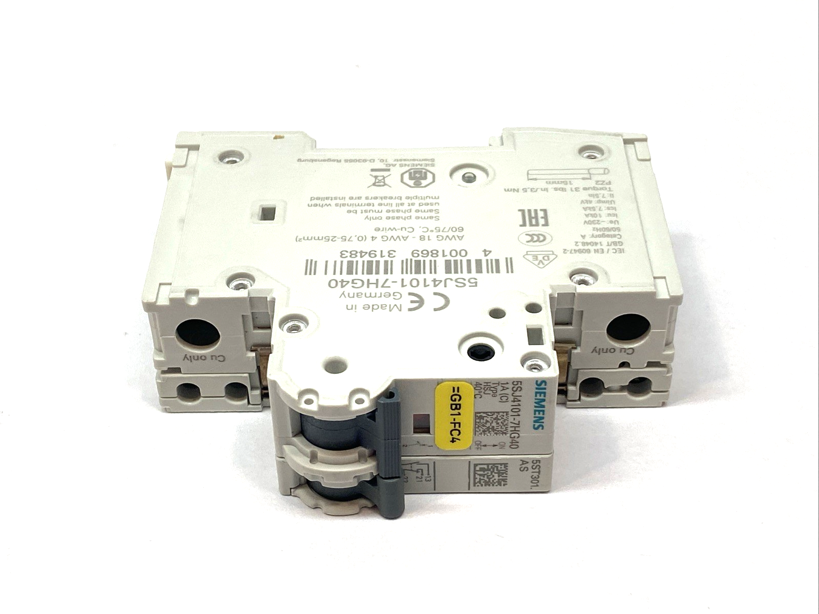 Siemens 5SJ4101-8HG40 Circuit Breaker 1-Pole 1A w/ 5ST3010 Circuit Switch - Maverick Industrial Sales