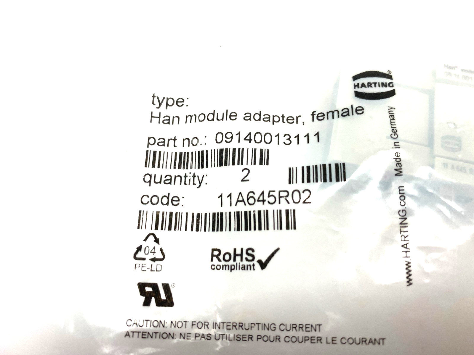Harting 09140013111 Han Gigabit Cat 7A Module Adapter Female PKG OF 2 - Maverick Industrial Sales