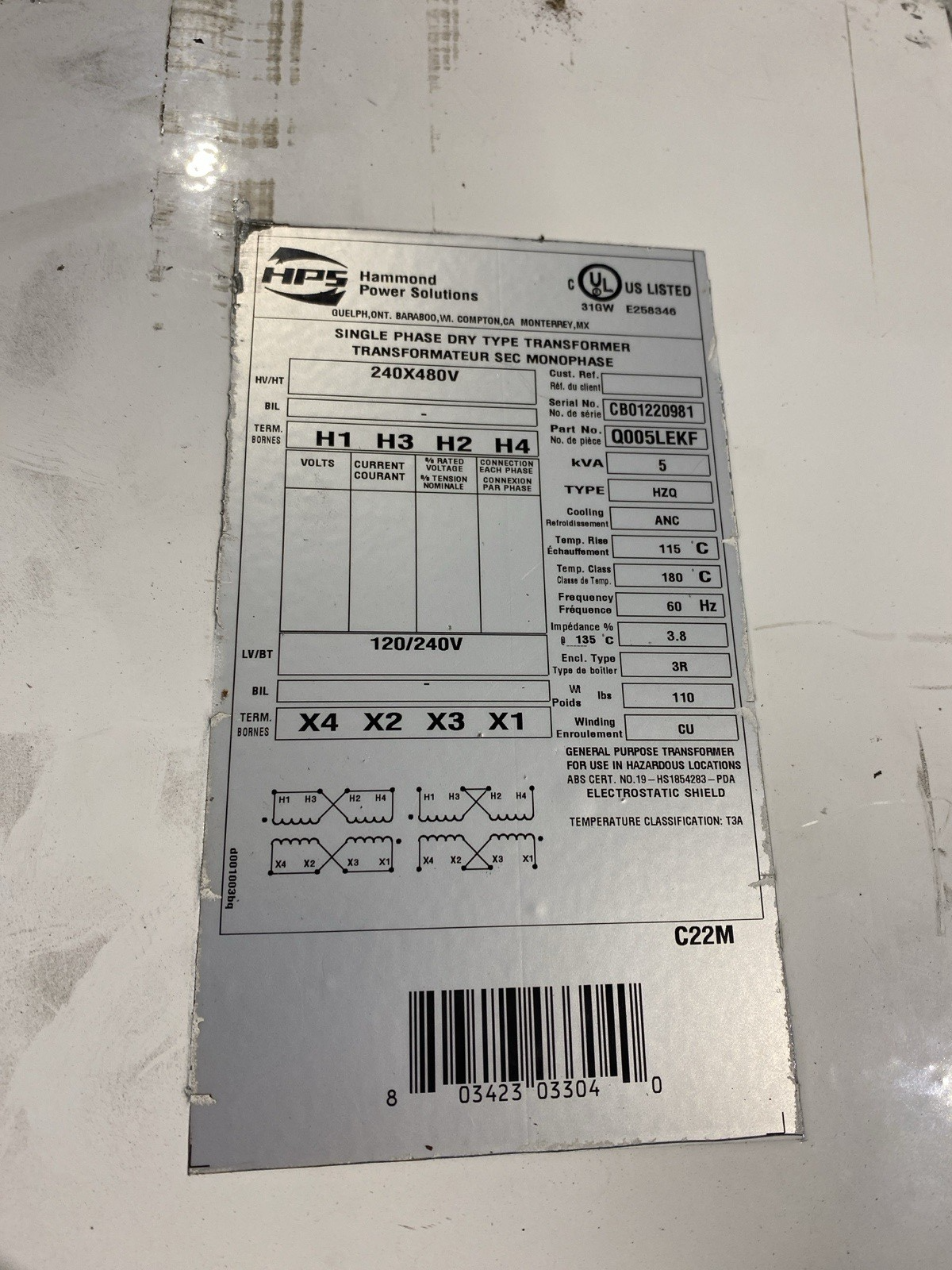 HPS Q005LEKF Single Phase Dry Type Transformer 240x480V / 120x240V - Maverick Industrial Sales