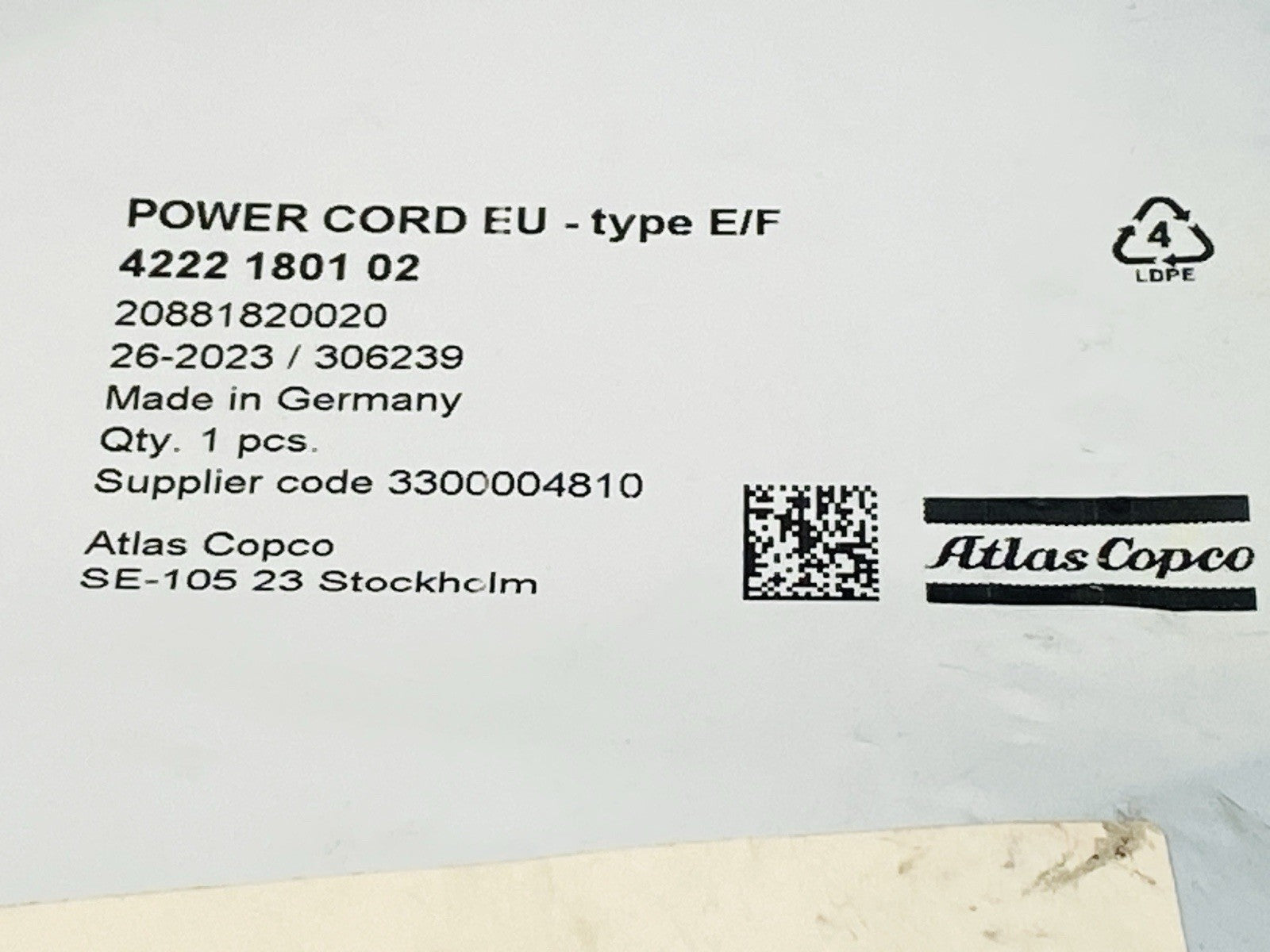 Atlas Copco 4222 1801 02 EU Power Cord - Maverick Industrial Sales