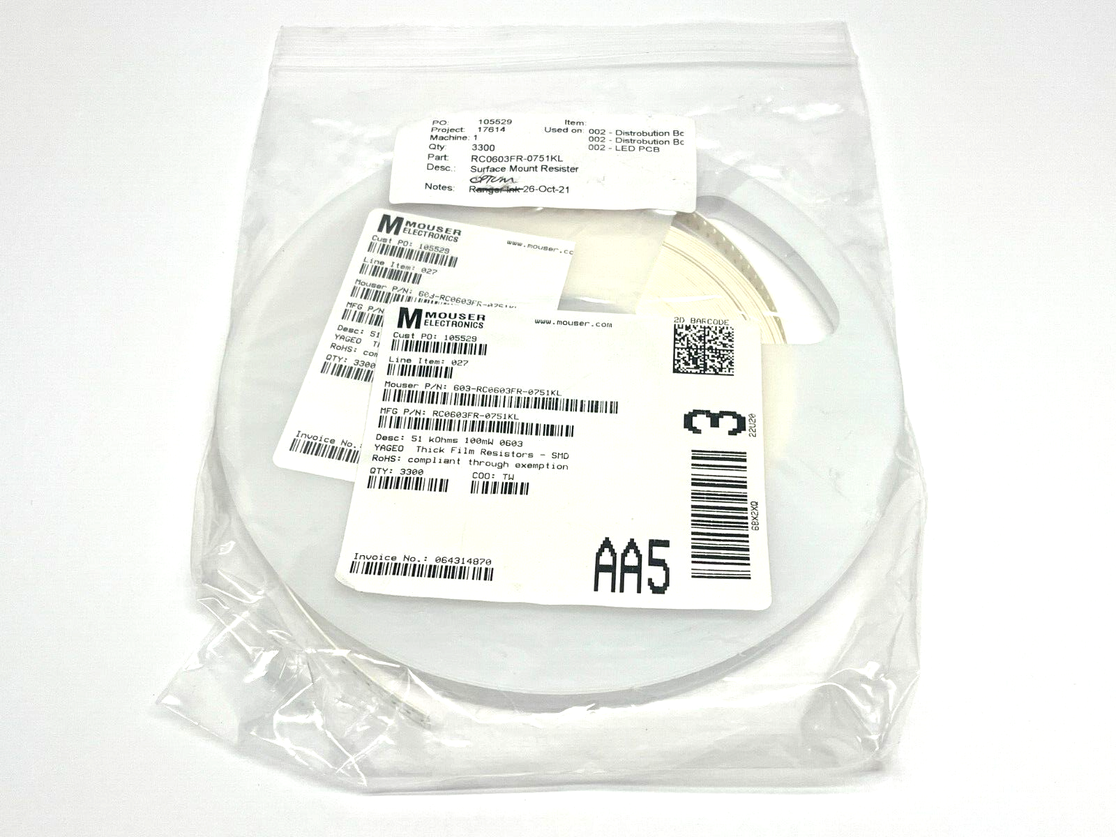 Yageo RC0603FR-0751KL Chip Resistor 51 kOhms ±1% 0.1W 1/10W LOT OF 3300 - Maverick Industrial Sales