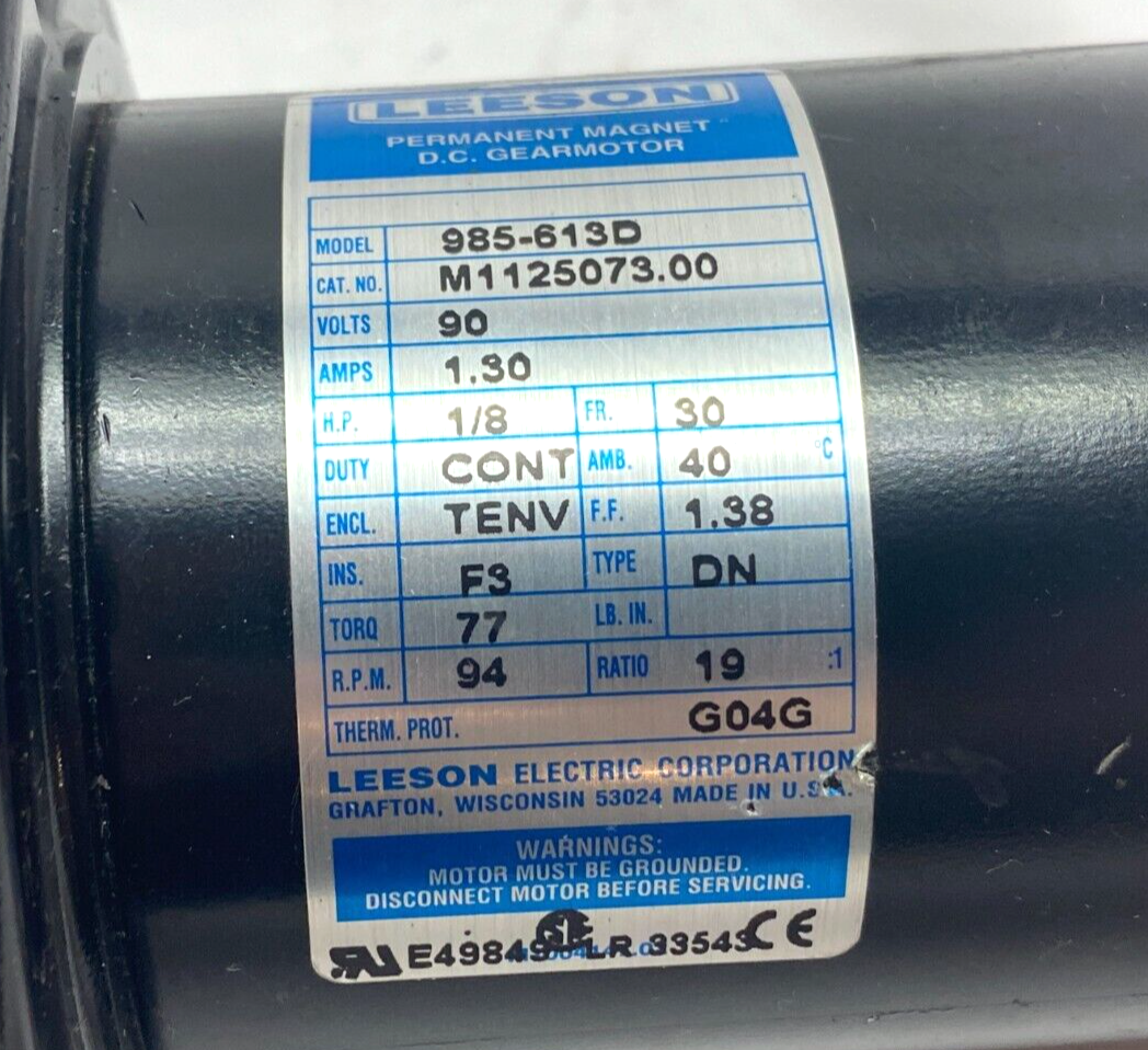 Leeson M1125073.00 Permanent Magnet DC Gearmotor 1/8HP 90V 1.3A 94 rpm 985-613D - Maverick Industrial Sales