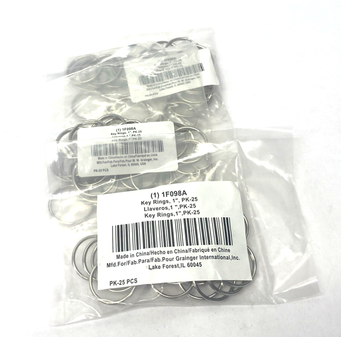 Grainger 1F098 Split Key Ring: 3 Key Capacity, 1" Dia, Steel, 25-PK, LOT OF 3 - Maverick Industrial Sales