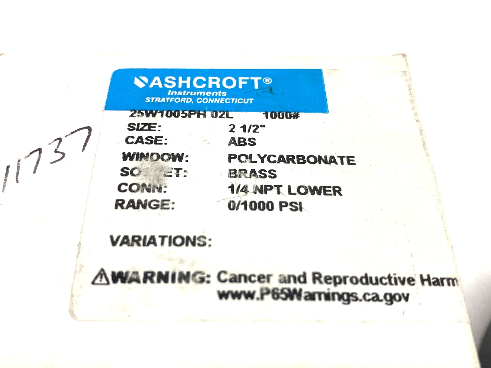 Ashcroft 25W1005PH 02L 1000# Pressure Gauge 2-1/2" Brass 0-1000psi 1/4" NPT - Maverick Industrial Sales