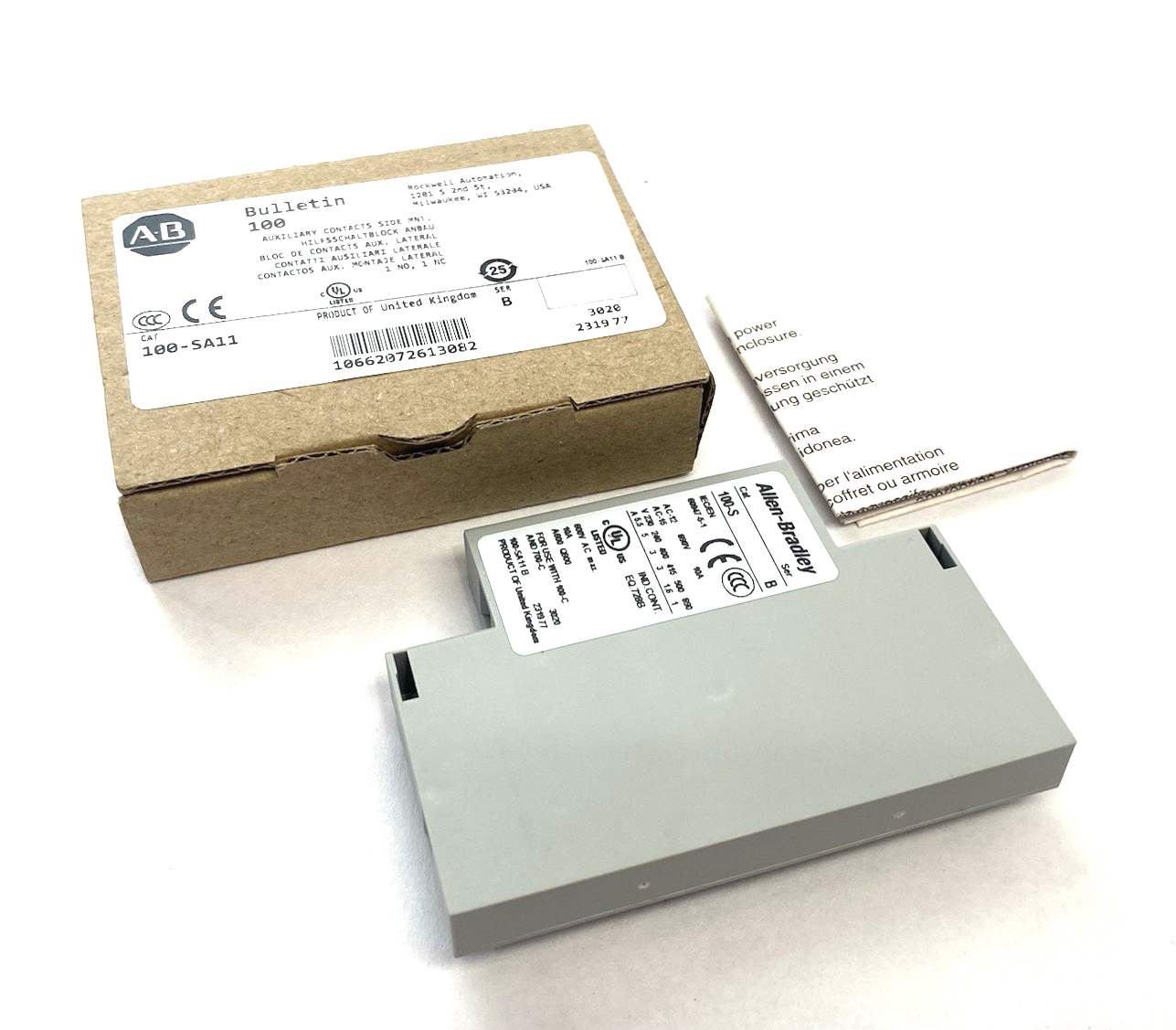 100-SA11 | Allen Bradley Ser. B Auxiliary Contact, Side Mount, 1 NO, 1 NC - New – Open box - Maverick Industrial Sales