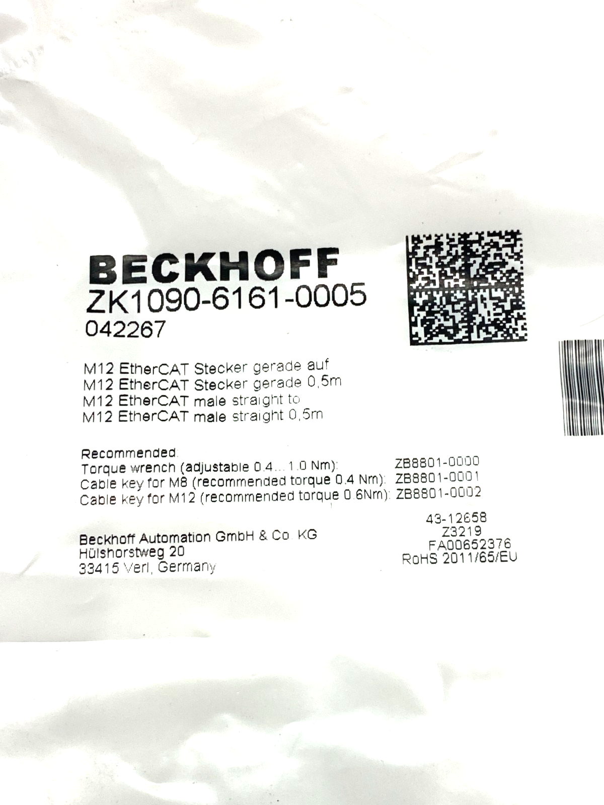 Beckhoff ZK1090-6161-0005 Double Ended EtherCAT Power Cable 0.5m 042267 - Maverick Industrial Sales