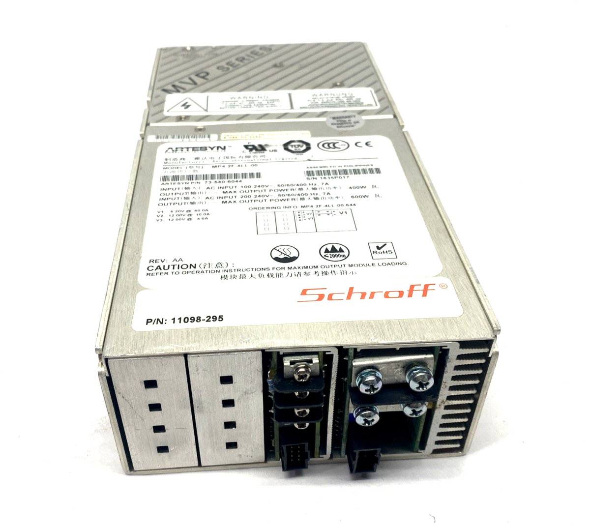 11098-295,MP4-2F-4LL-00,73-540-6044,4-086-03-0262 | Artesyn MP4-2F-4LL-00 MVP AC/DC Converter 240VAC 5.2V 60A 12V 10A 12V 4A 600W - Used - Maverick Industrial Sales