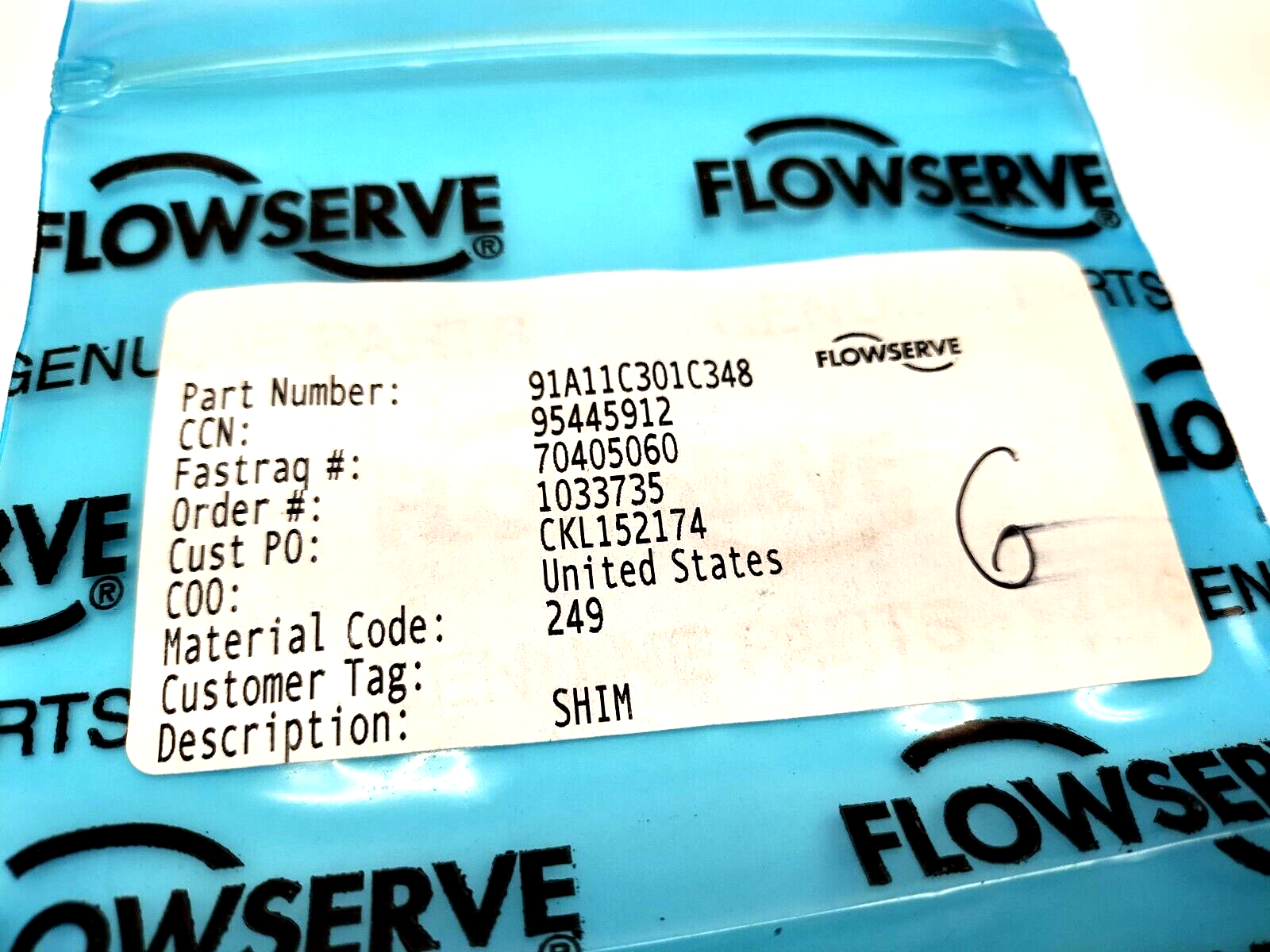 91A11C301C348 | Flowserve Shims material 249 95445912 LOT OF 6 - New - Maverick Industrial Sales