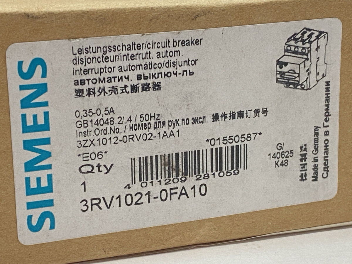 Siemens 3RV1021-0FA10 Manual Motor Starter Circuit Breaker 0.35-5A 3-Pole - Maverick Industrial Sales