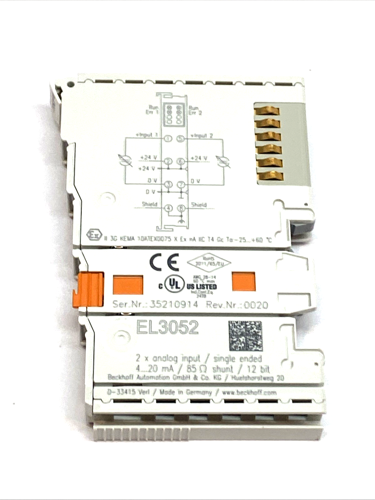 EL3052 | Beckhoff EtherCAT 2-Channel Analog Input Terminal 4-20mA 12Bit Module - Used - Maverick Industrial Sales