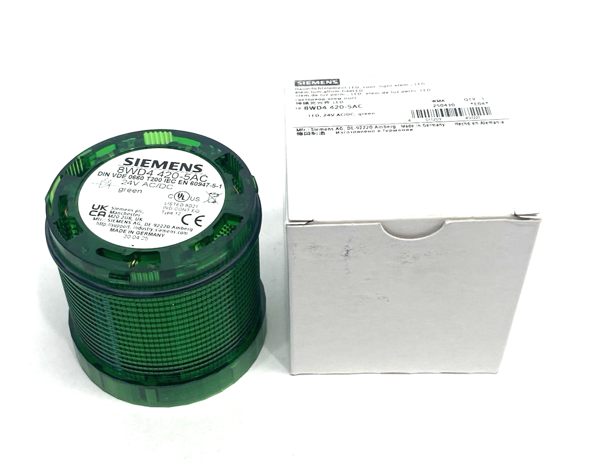 Siemens 8WD4420-5AC Continuous LED Light Element 70mm Dia. 24V AC/DC Green - Maverick Industrial Sales
