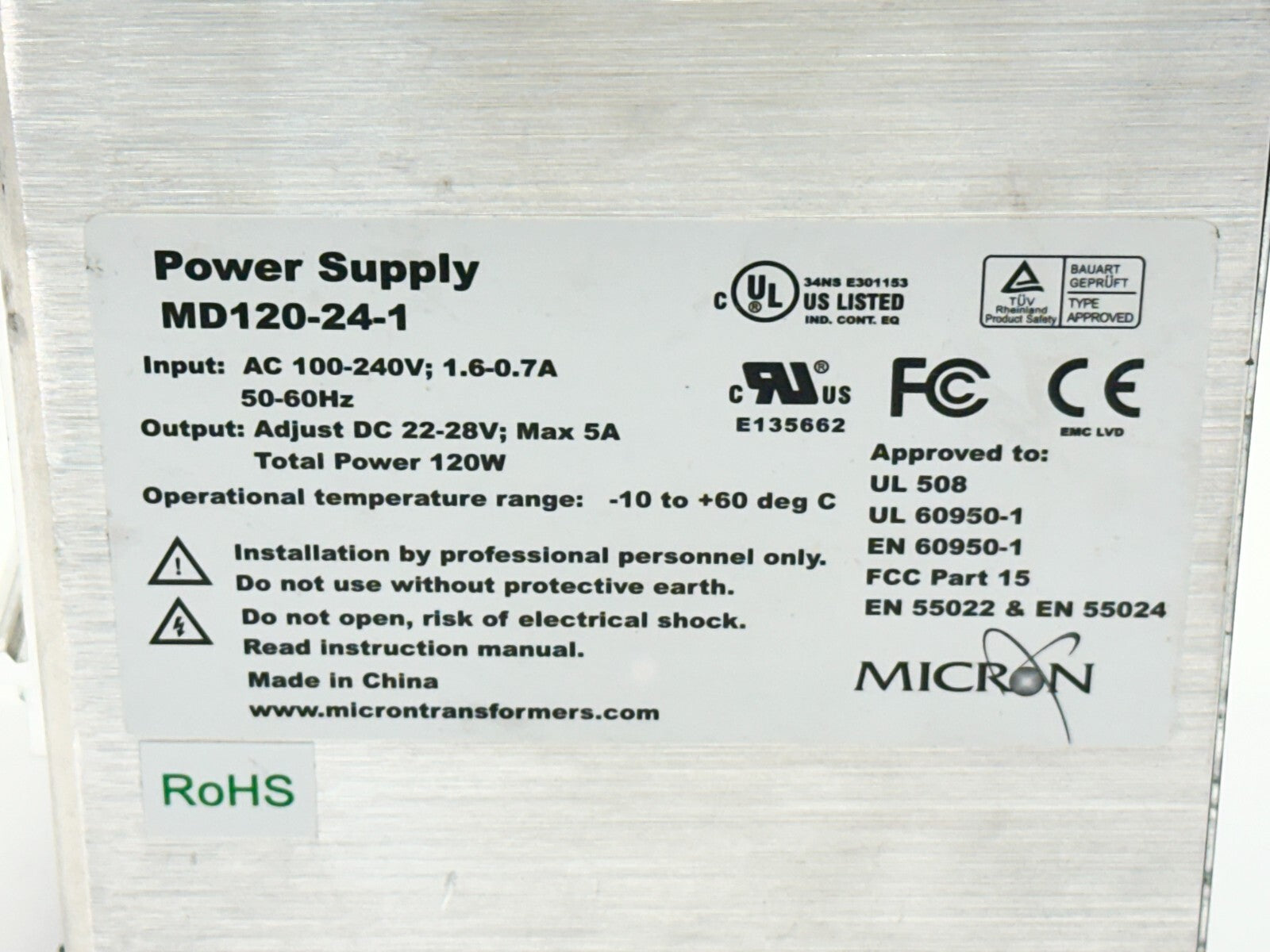 Micron MD120-24-1 Power Supply 100-240VAC Input 5A 24VDC Output - Maverick Industrial Sales