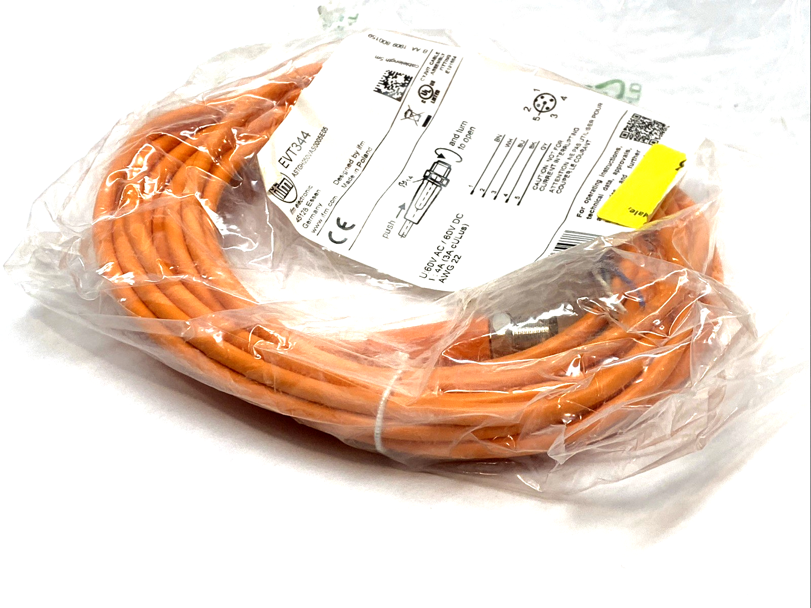 EVT344 | IFM M12 Male Cordset 5m PVC Orange IP69K - New - Maverick Industrial Sales