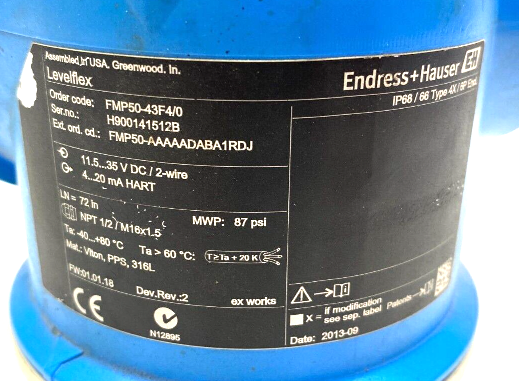 Endress+Hauser FMP50-43F4/0 Levelflex Guided Wave Radar FMP50-AAAAADABA1RDJ - Maverick Industrial Sales