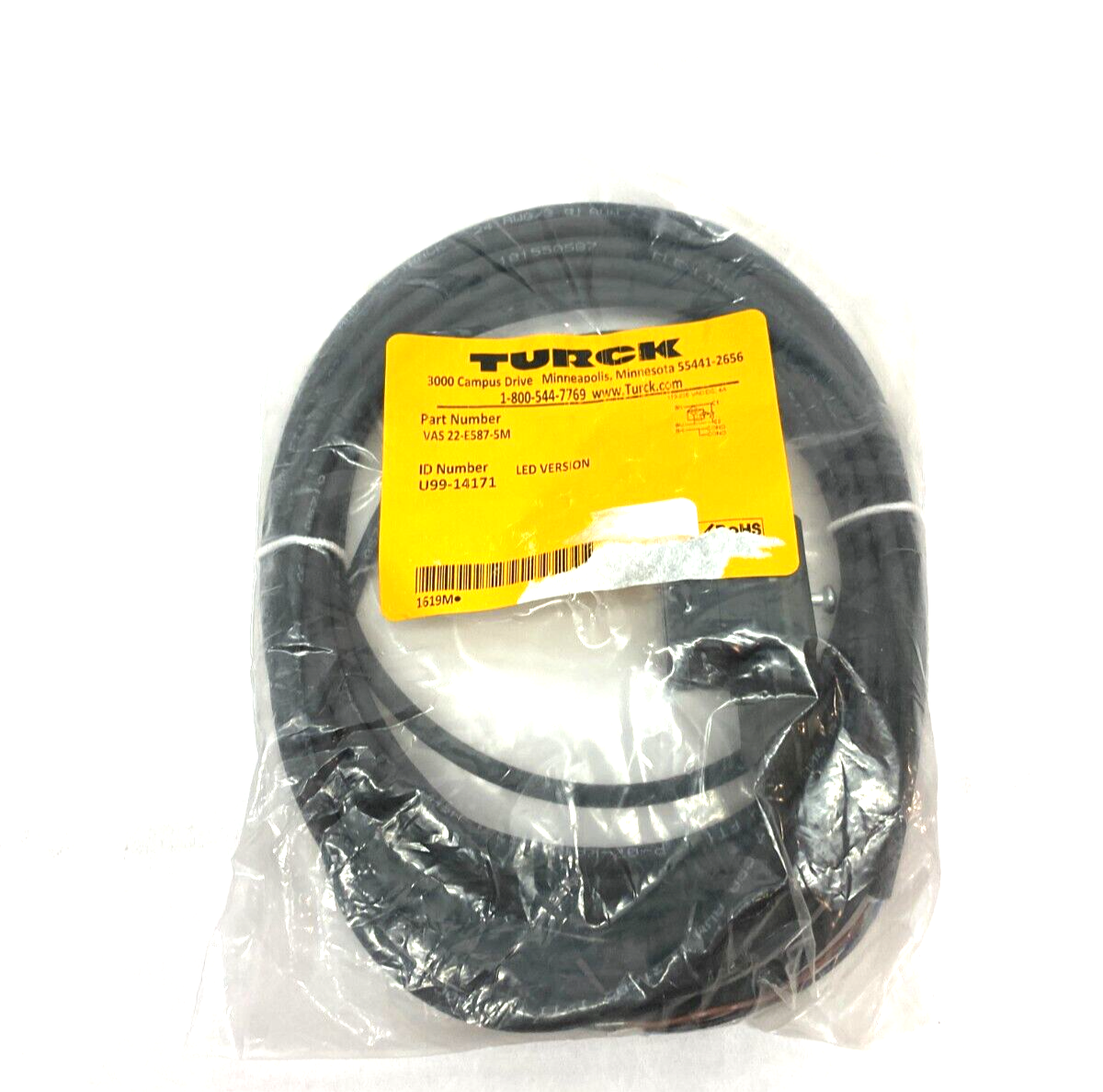 Turck VAS 22-E587-5M Single Ended Cordset LED Version Fem Valve Plug U99-14171 - Maverick Industrial Sales