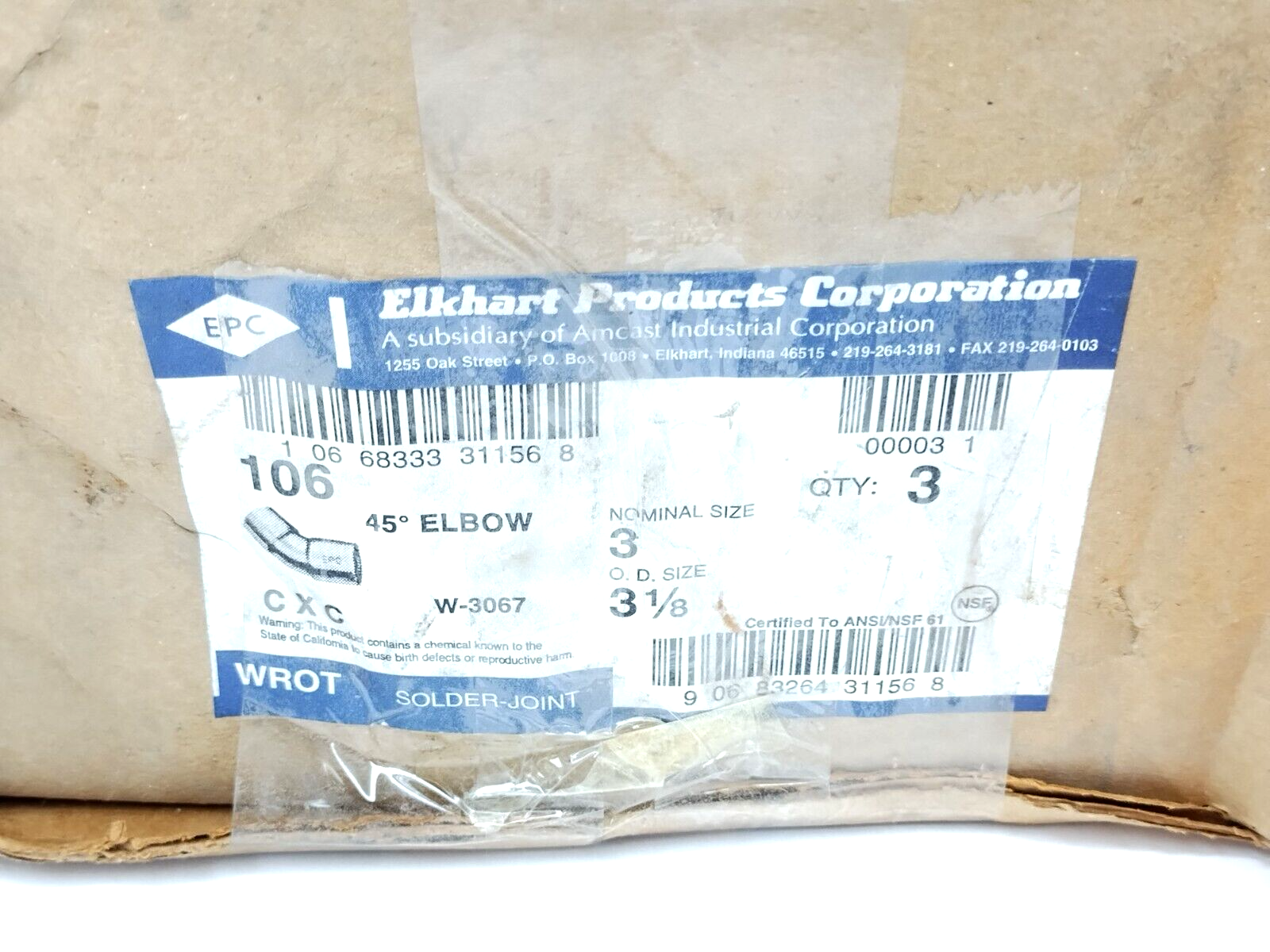 Elkhart Products 10031156 3" 45 Deg. Copper Elbow 106 Solder W-3067 BOX OF 3 - New – Open box - Maverick Industrial Sales
