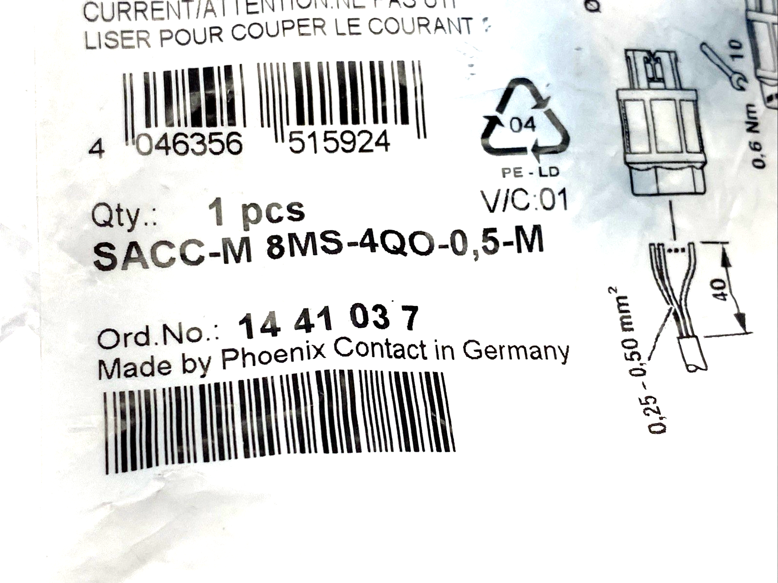 Phoenix Contact SACC-M 8MS-4QO-0,5-M Connector M8 4-Pin Male 1441037 - Maverick Industrial Sales