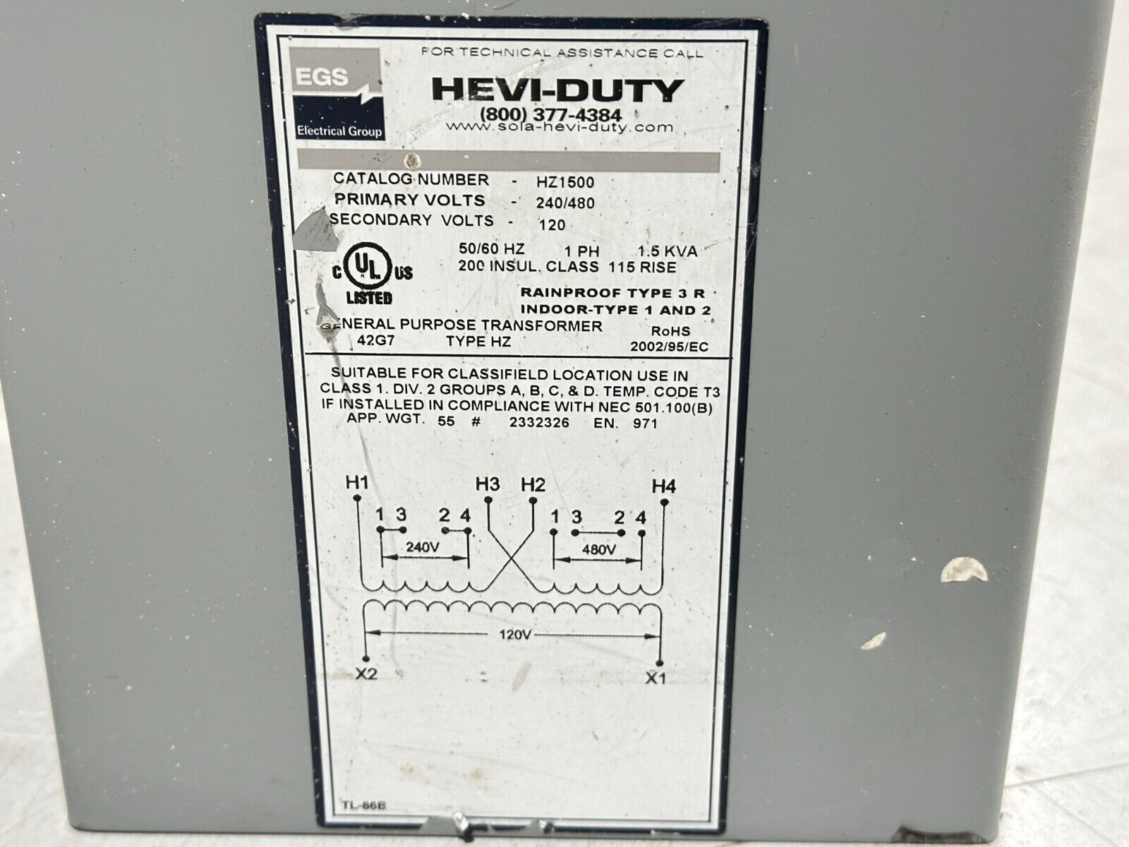 Sola HZ1500 Hevi-Duty General Purpose Transofrmer Primary 240/480 Secondary 120V - Maverick Industrial Sales
