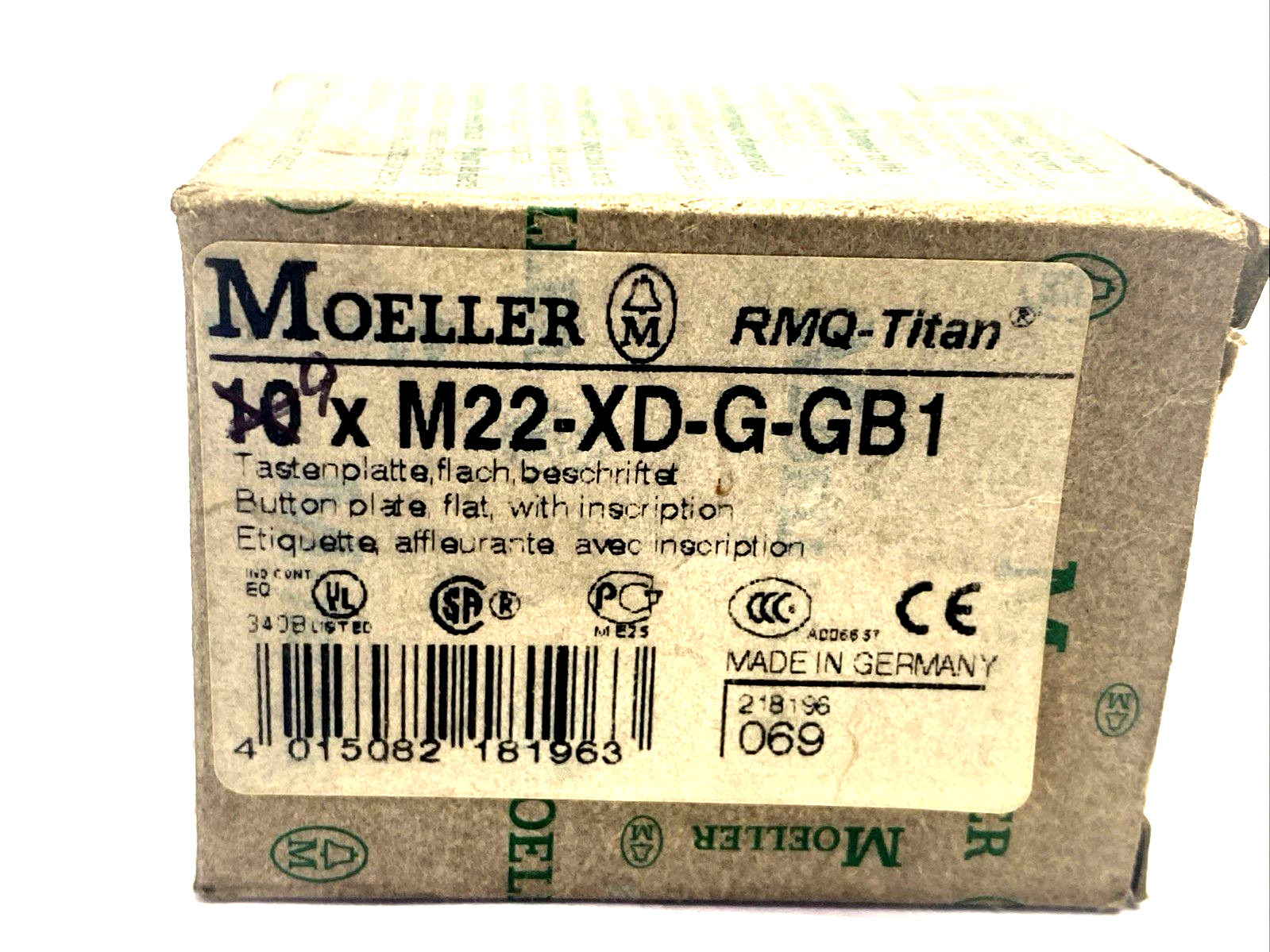 Moeller M22-XD-G-GB1 M22 Pushbutton Cover Plate, 22.5mm, Green START BOX OF 9 - Maverick Industrial Sales