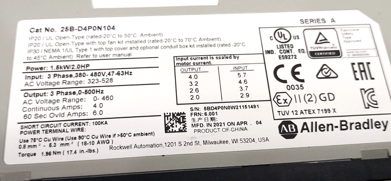 Allen Bradley 25B-D4P0N104 Ser. A PowerFlex 525 AC Drive 3PH 480VAC 1.5kW 2HP - Maverick Industrial Sales