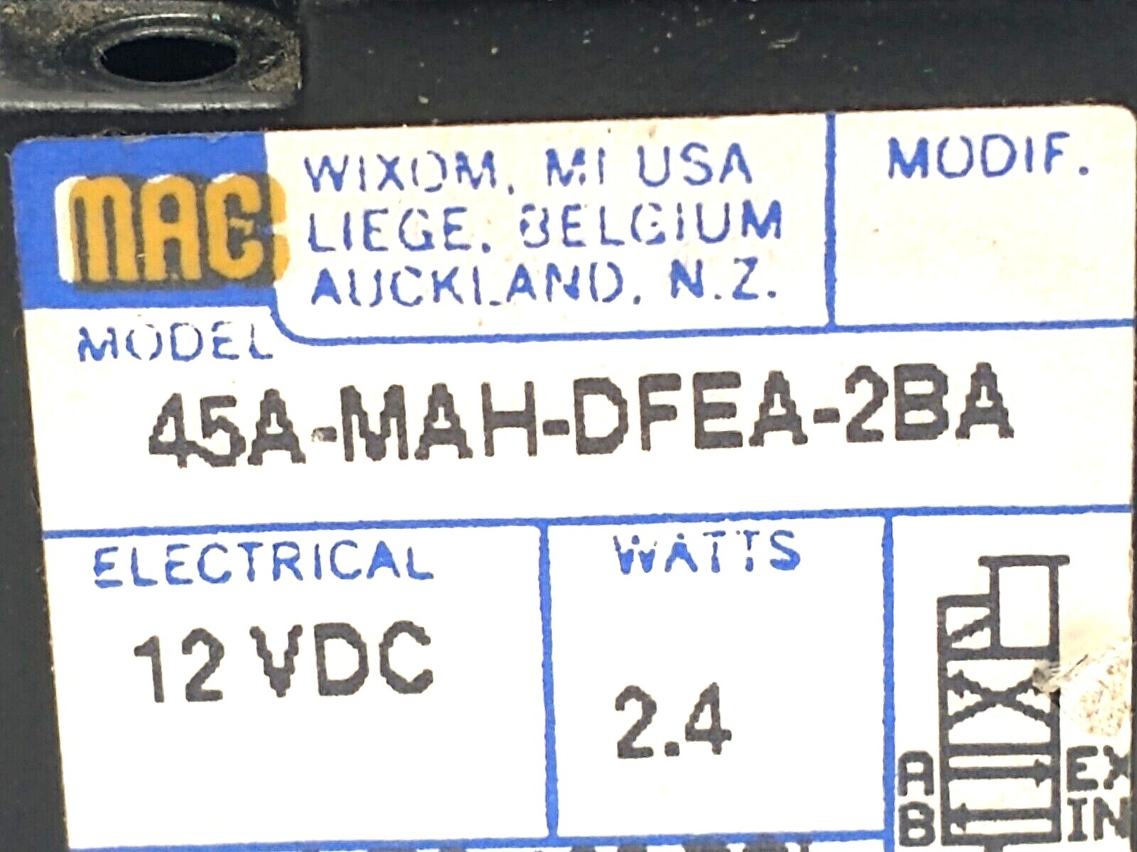45A-MAH-DFEA-2BA | MAC Valves Manual Operator Solenoid Coil 12VDC 2.4W - Used - Maverick Industrial Sales