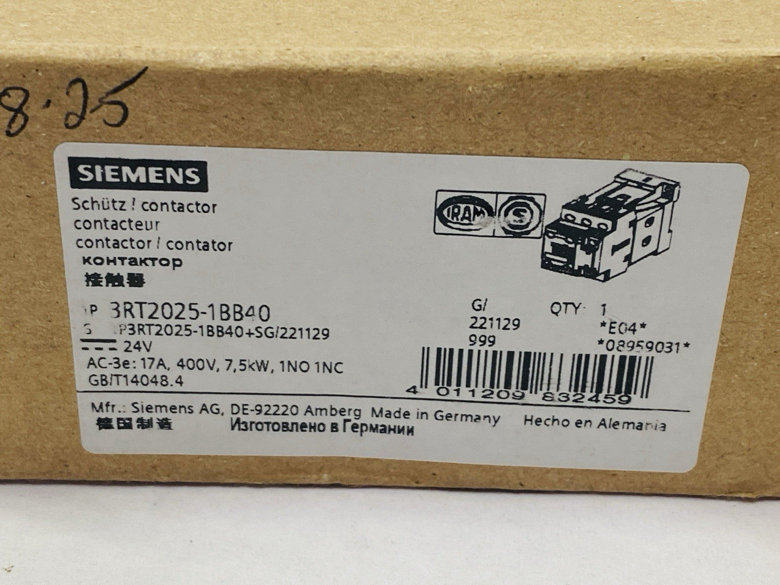 Siemens 3RT2025-1BB40 Contactor 3-Pole 17A 7.5kW 400V 24VDC - Maverick Industrial Sales