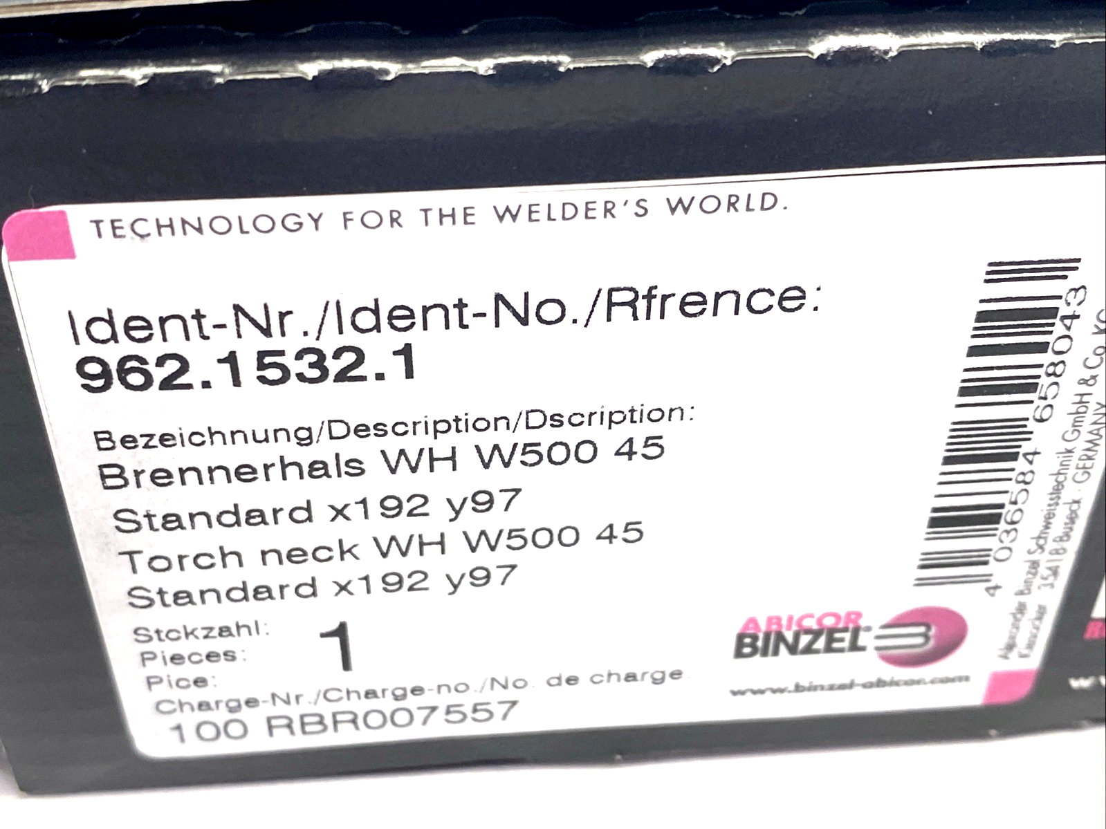Abicor Binzel 962.1532 Torch Neck, WH W500 45 Deg. 962.1532.1 - Maverick Industrial Sales