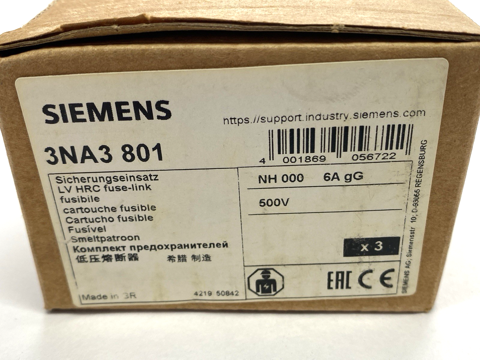 Siemens 3NA3 801 LV HRC Fuse Element 500V PACKAGE OF 3 - Maverick Industrial Sales