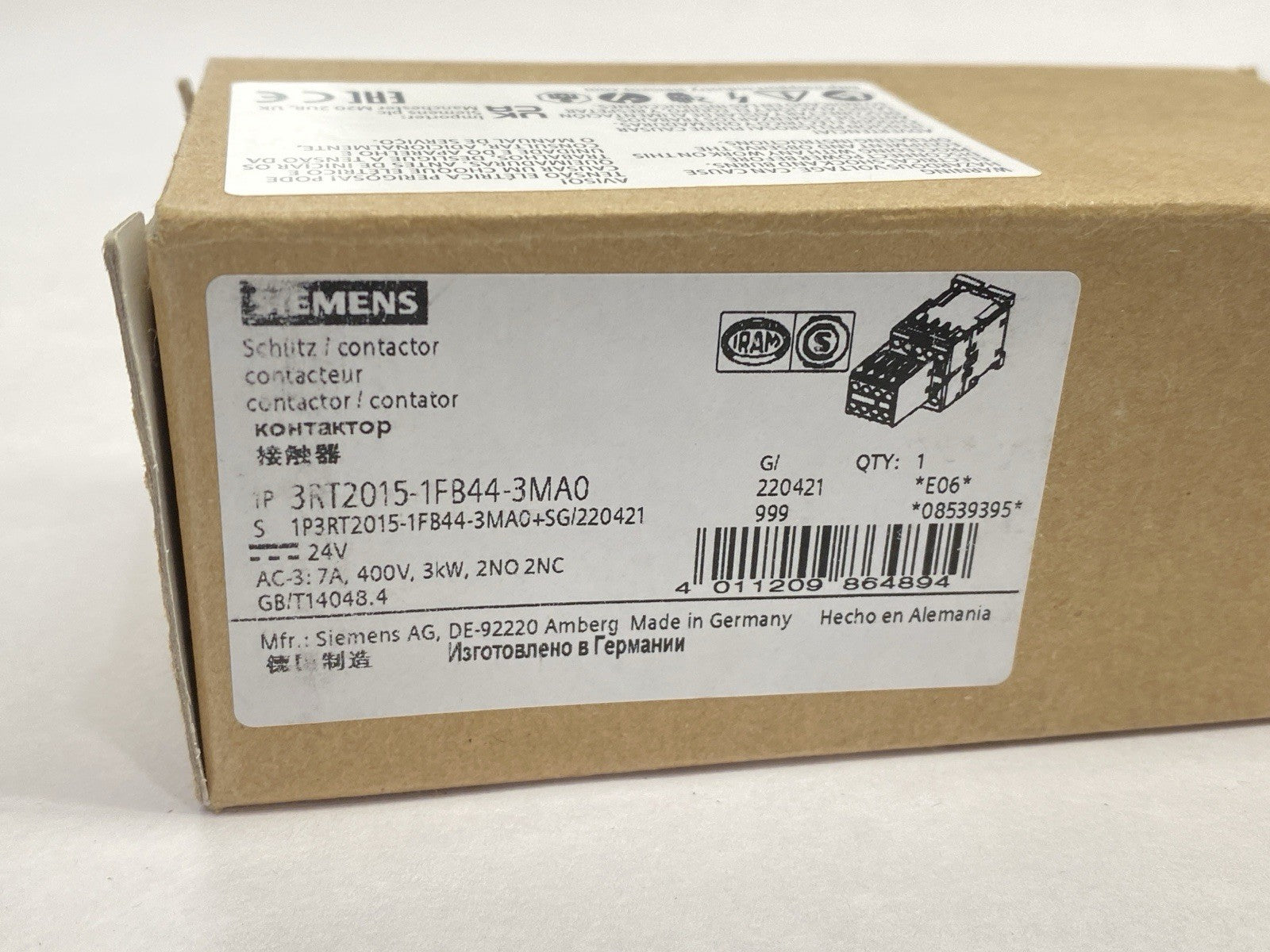 Siemens 3RT2015-1FB44-3MA0 Power Contactor 3-Pole 2NO 2NC 7A 3kW / 400V 24VDC - Maverick Industrial Sales