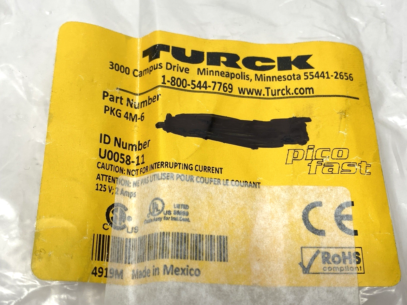Turck PKG 4M-6 Single-Ended Cordset M8 Female Connector 4-Pin U0058-11 - Maverick Industrial Sales