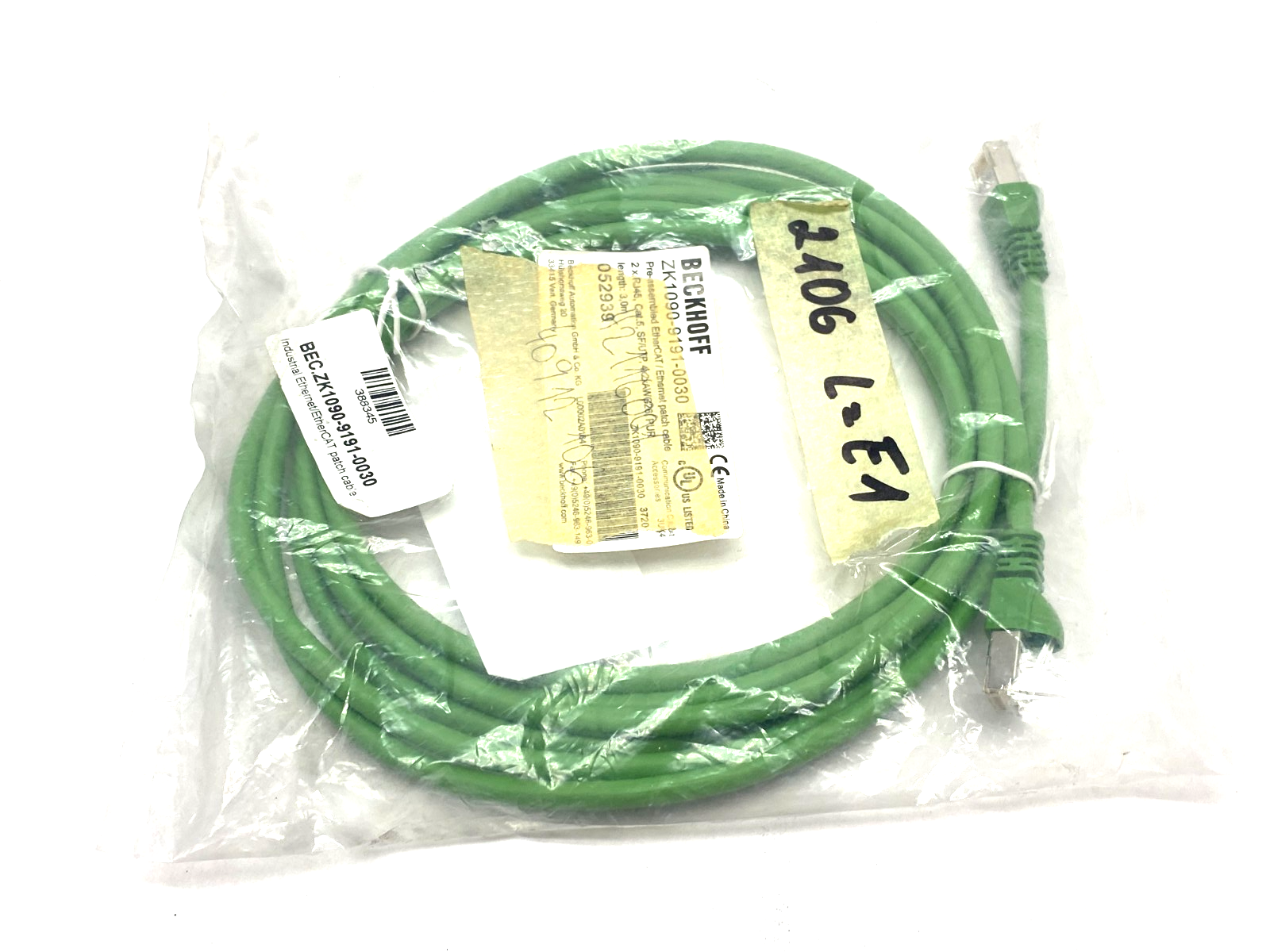 Beckhoff ZK1090-9191-0030 Ethernet/EtherCAT Patch Cable 2 x RJ45 3m 052939 - Maverick Industrial Sales