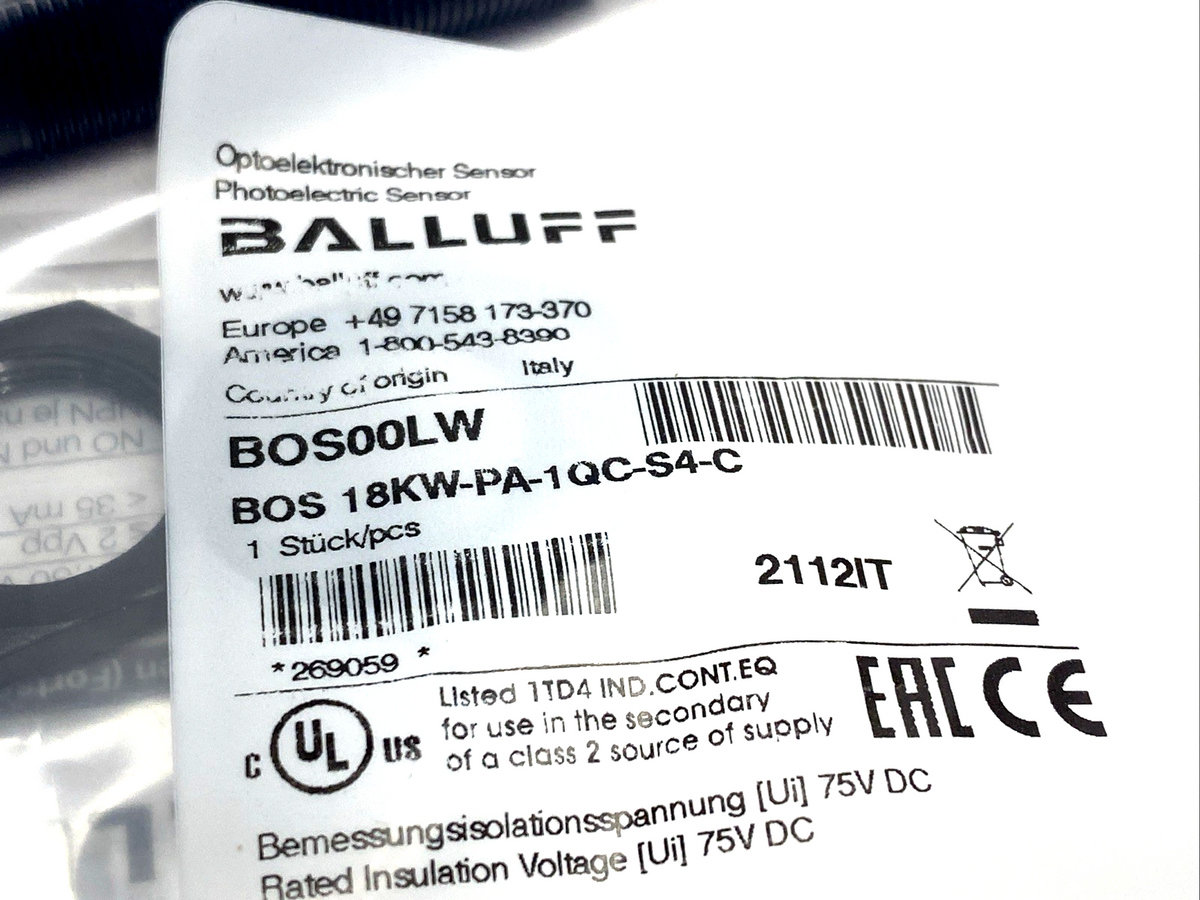 BOS00LW | Balluff Retro-Reflective Photoelectric Sensor M18 BOS 18KW-PA-1QC-S4-C - New - Maverick Industrial Sales