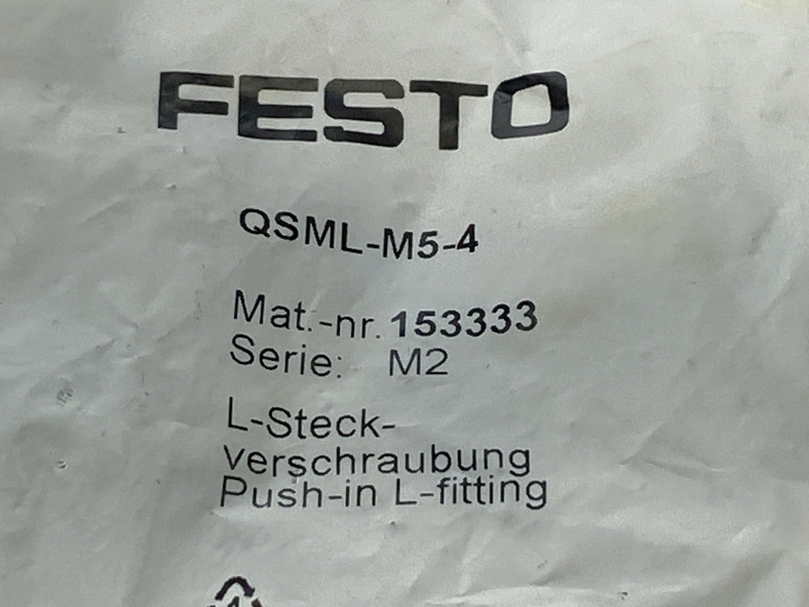 Festo QSML-M5-4 Push-In L-Fitting 4mm OD x M5 153333 LOT OF 10 - Maverick Industrial Sales