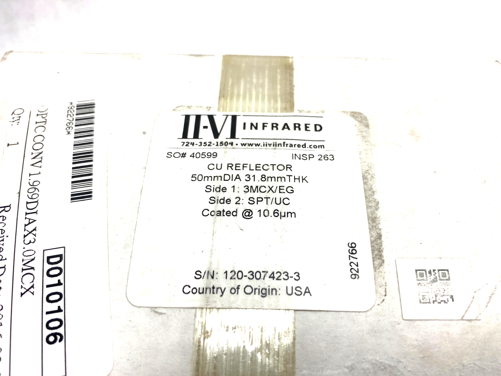 II-VI Infrared 922766 CU Reflector 50mm Dia. 31.8mm Thick 3MCX/EG SPT/UC - Maverick Industrial Sales