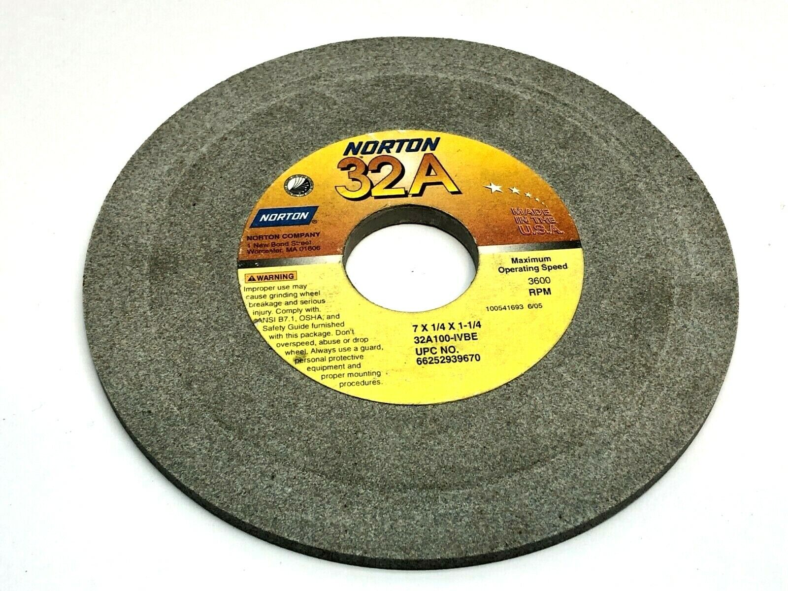 Norton 32A100-IVBE Grinding Wheels 1-1/4" Bore 3600 RPM LOT OF 5 - Maverick Industrial Sales